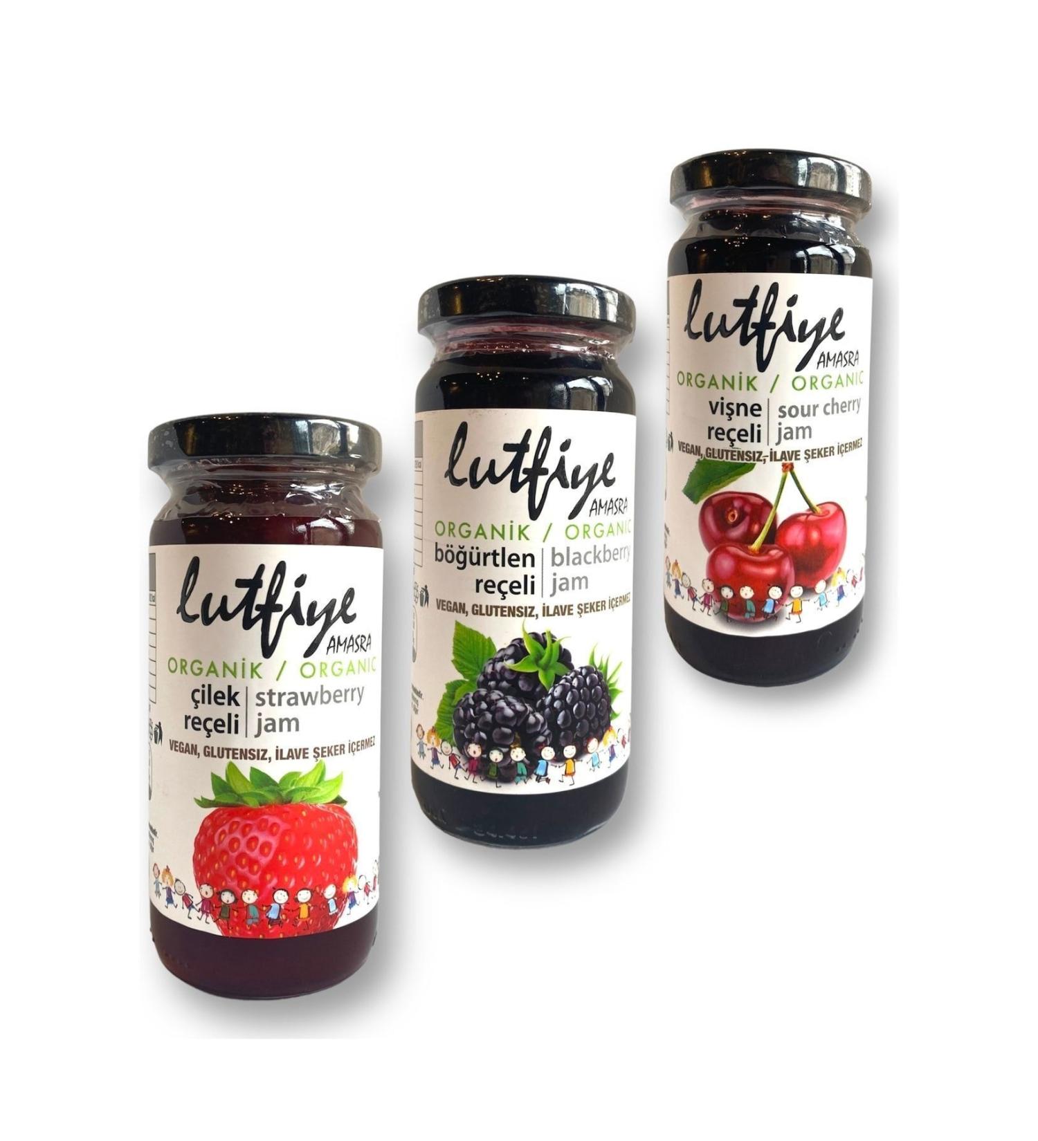 LUTF YE AMASRA L tfiye Organic Strawberry-Sour Cherry-Blackberry Jam (280 GR X 3 PIECES) No Sugar Added No Additives No Preservatives