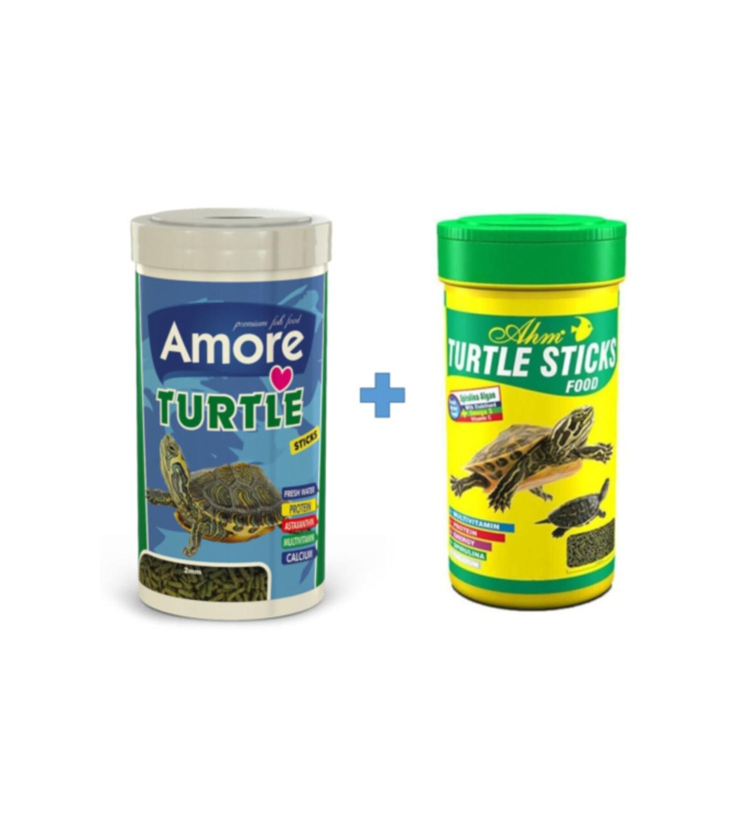 AMORE Turtle Sticks 250ml + Ahm Turtle 250ml Vitamin Calcium Mineral Plus Reptile and Turtle Food