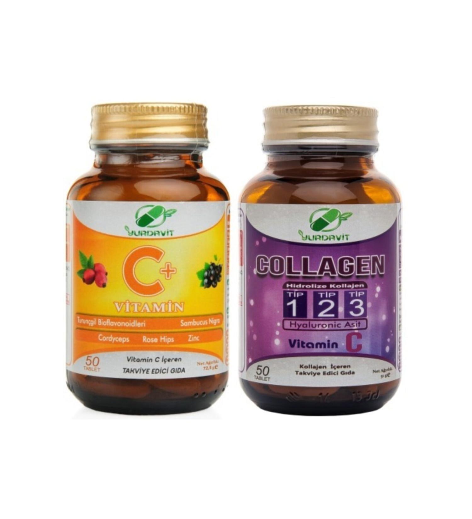Yurdavit Set 50 Tablets Vitamin C 1000 Mg Hydrolyzed Collagen 900 Mg Type Type 1-2-3 Hyaluronic Acid