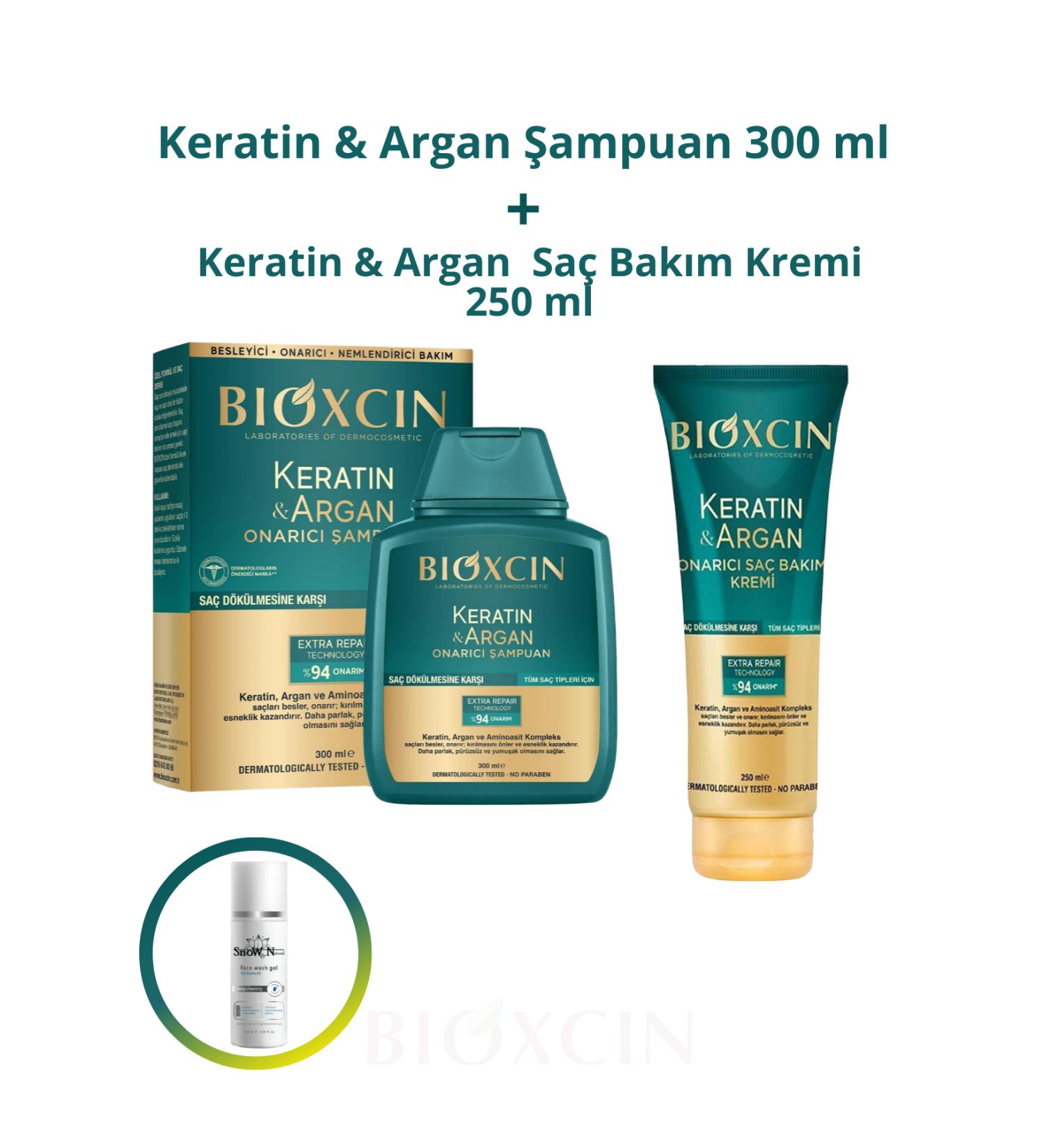 Bioxcin Keratin & Argan Repair Shampoo 300 ml + Keratin & Argan Hair Care Cream 250 ml + Facial Cleansing Gel