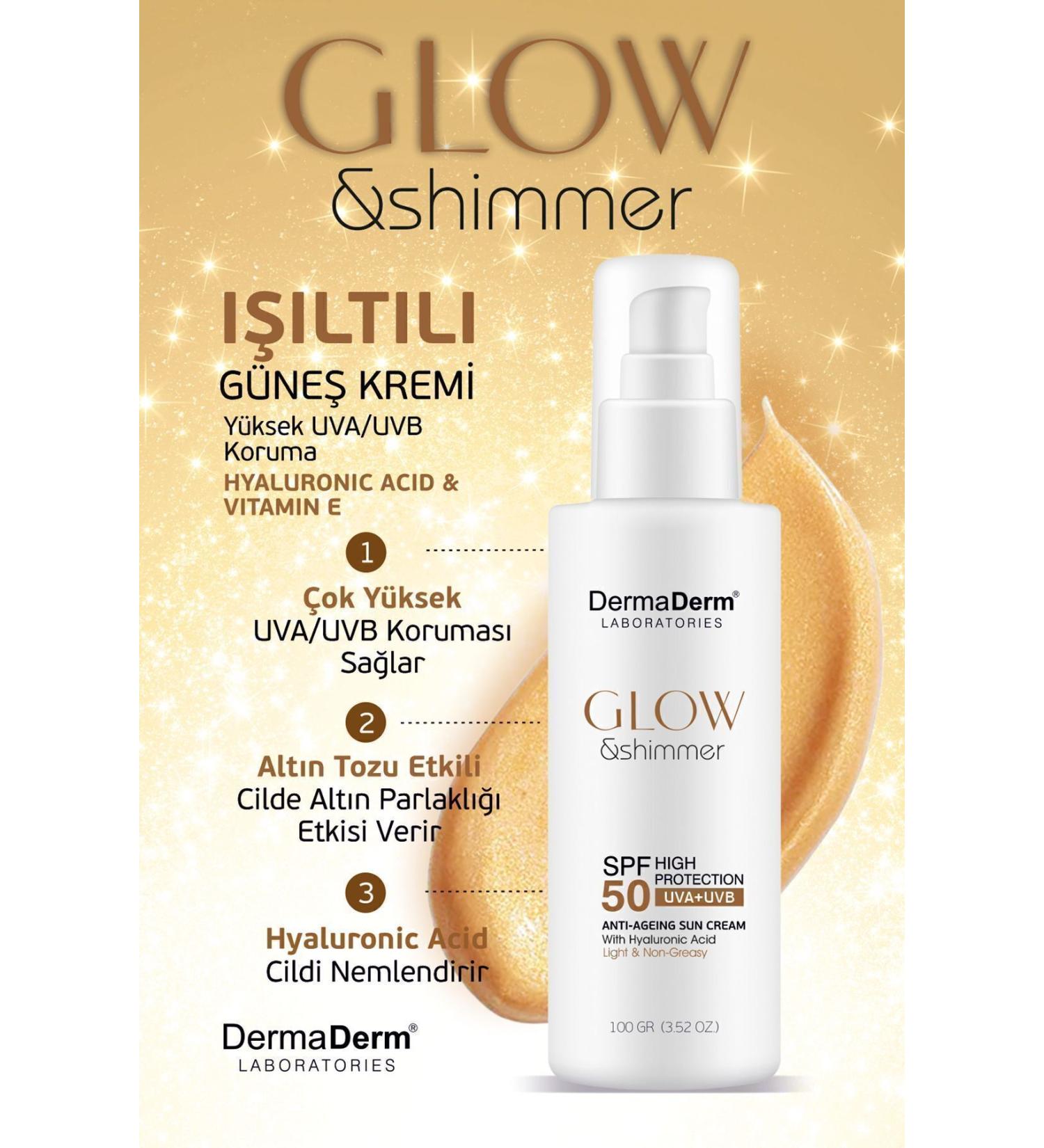 DermaDerm Glow Face and Body Luminous Glitter Sunscreen Spf 50 UVA/UVB - Buy Online on GoSupps.com