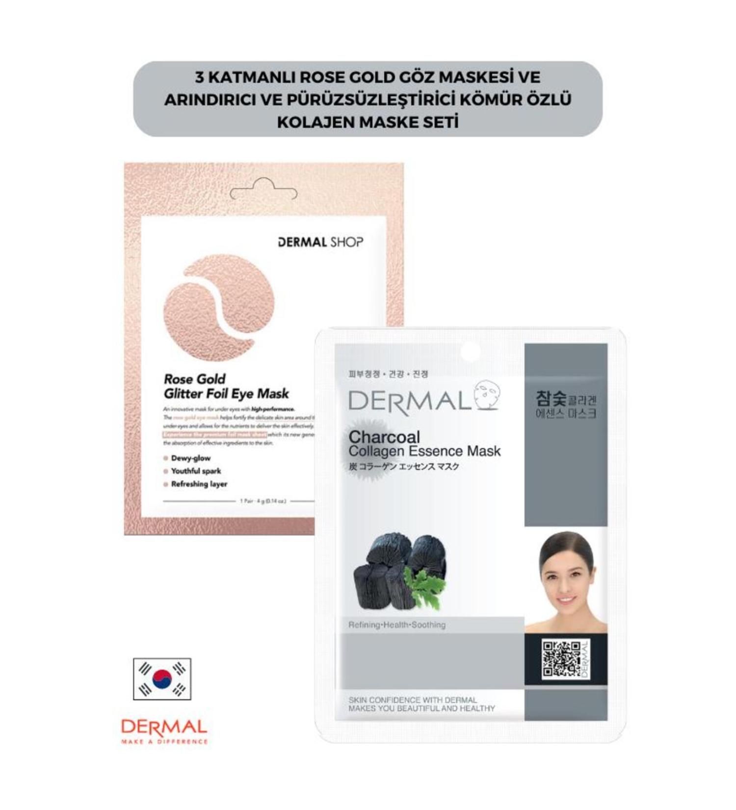 Dermal 3 Layer Rose Gold Eye Mask and Purifying and Smoothing Charcoal Collagen Mask Set