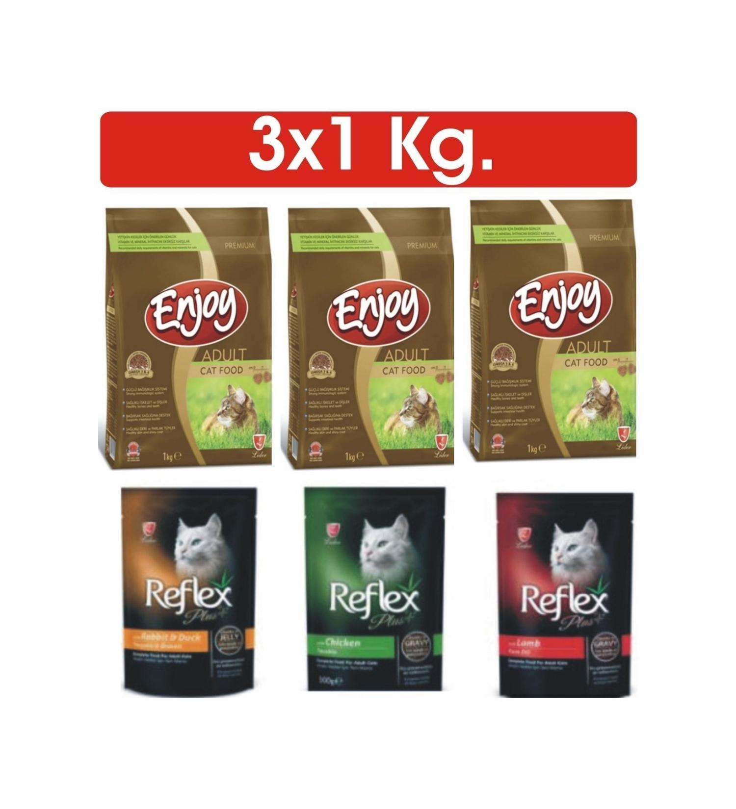 Enjoy Cat Chicken Adult Dry Food (3x1) Kg. Reflex Cat Canned Food Pounch 3x100 Grams