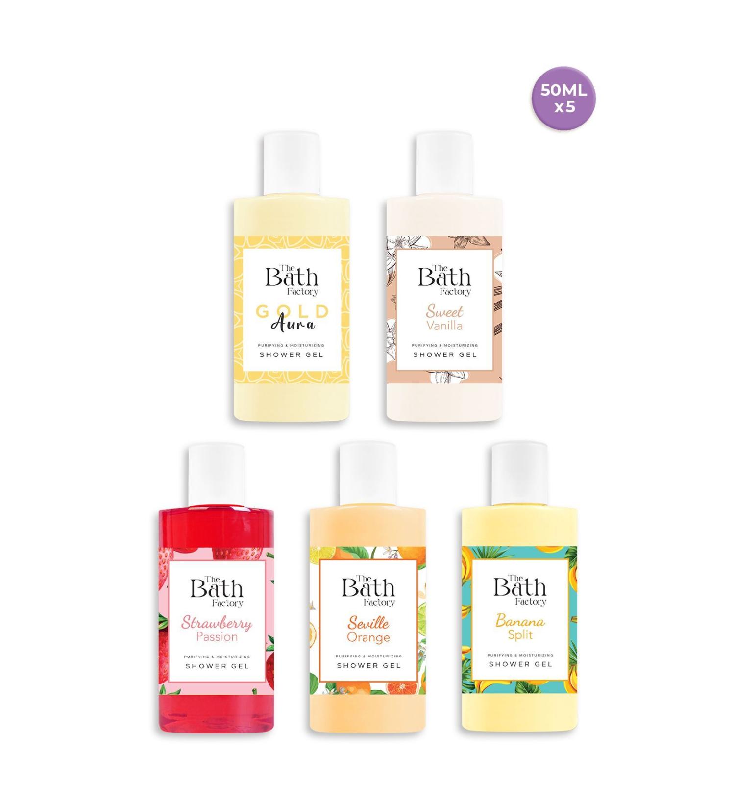 THE BATH FACTORY Shower Gel Introduction Set (Gold Aura - Vanilla - Banana - Strawberry - Orange) (5 X 50 Ml) - Buy Online on GoSupps.com
