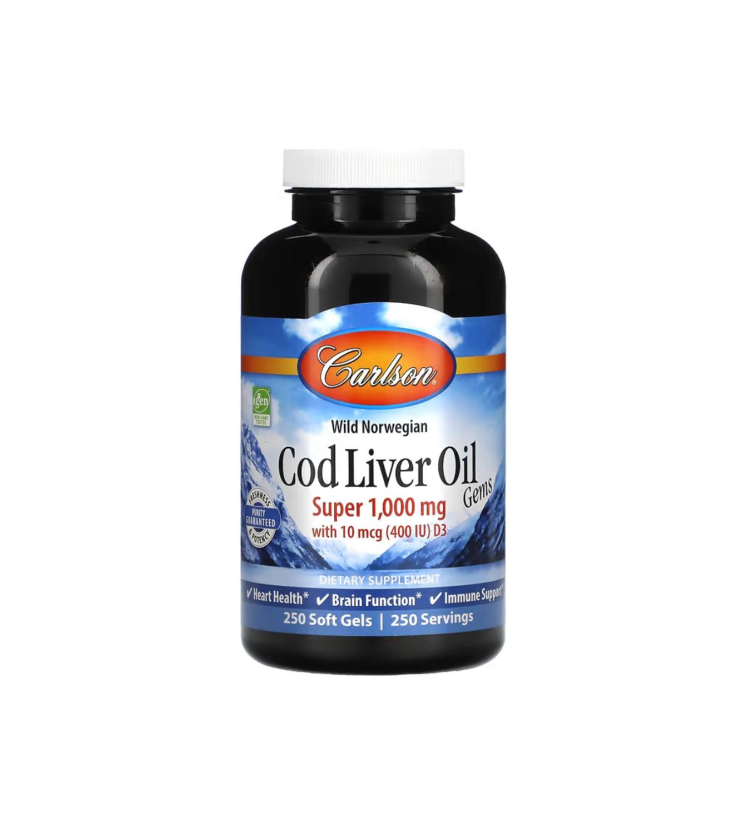 Carlson Wild Norwegian Cod Liver Oil Gems 1 000 mg 250 Soft Gels