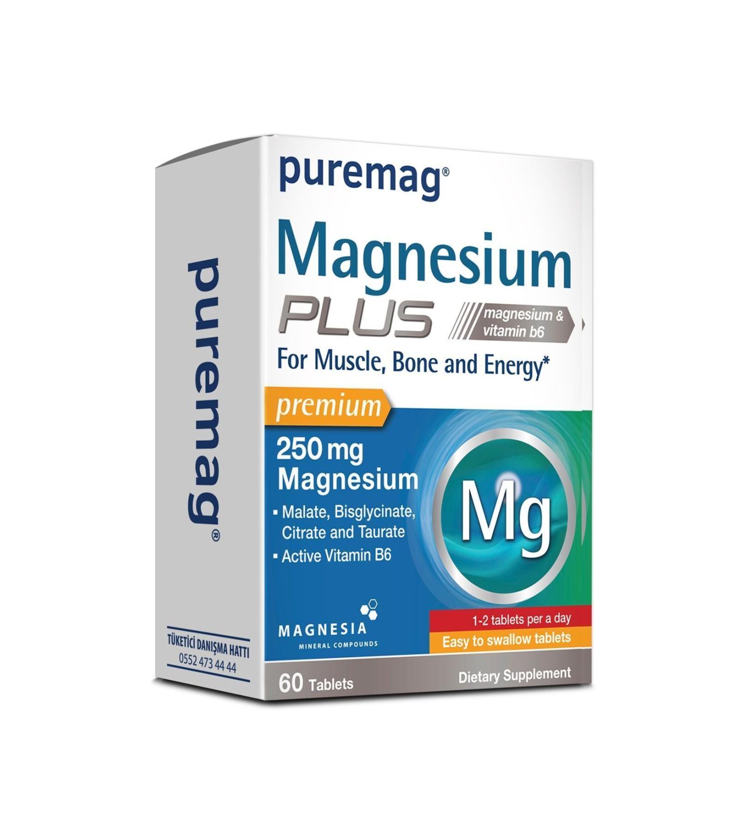 Puremag Plus 60 Tablets Magnesium Citrate Malate Bisglycinate Taurate and P-5-P