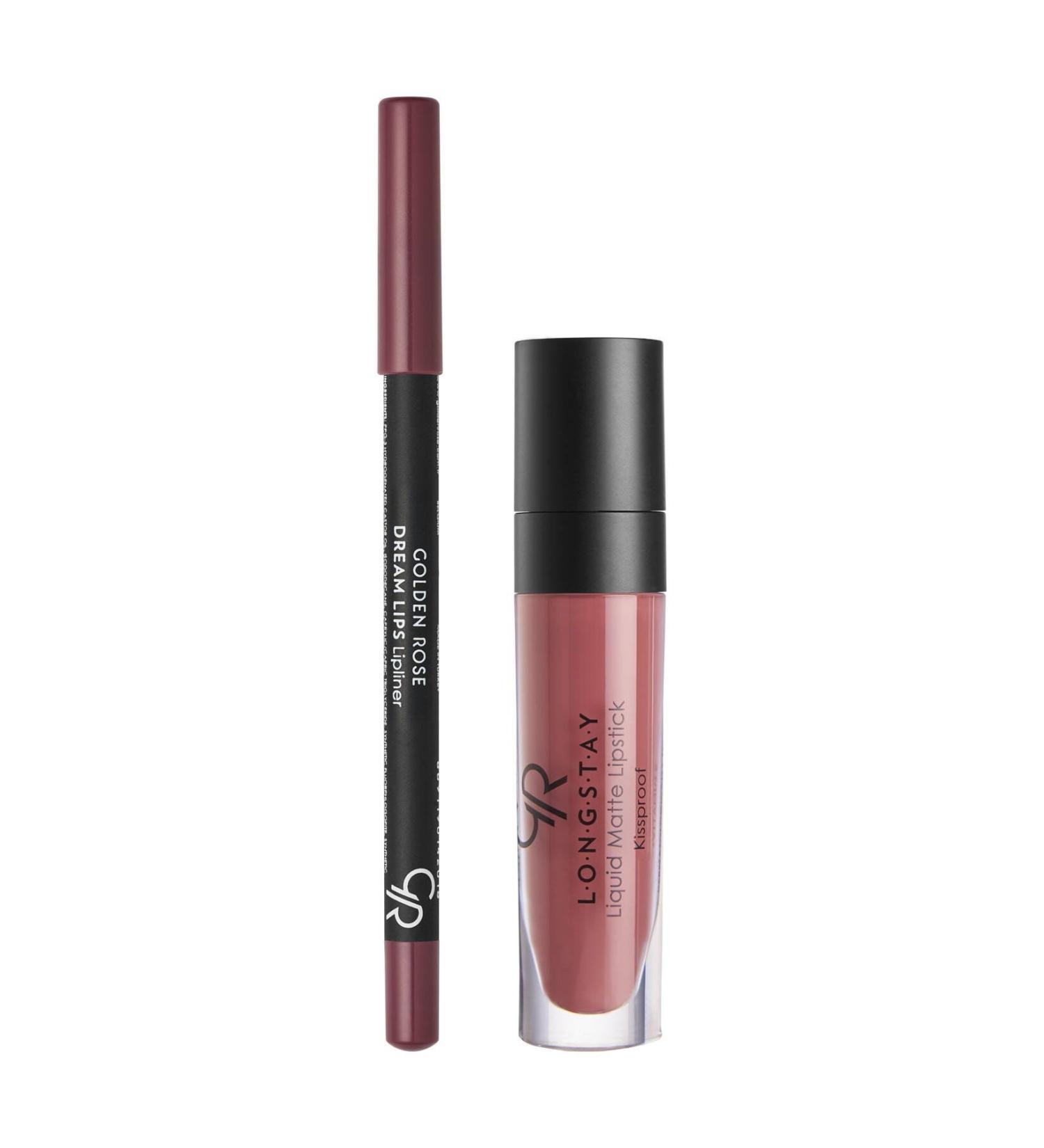 Golden Rose Matte Lip Kit - Rose Taupe - Liquid Matte Lipstick & Lip Pencil - 8691190433437