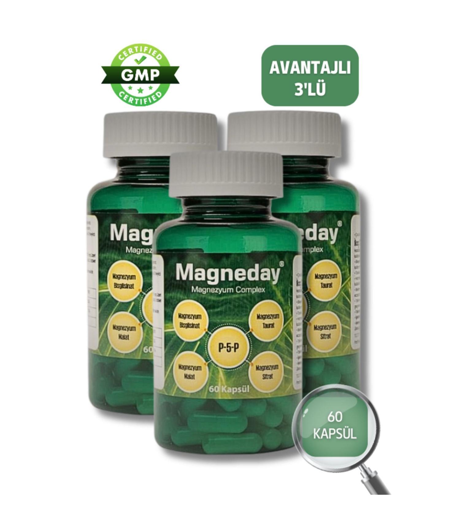 Magneday Magnesium Complex 60 Capsules*3 Pieces - Bisiglinate I Taurate I Malate I Citrate I Vitamin B6