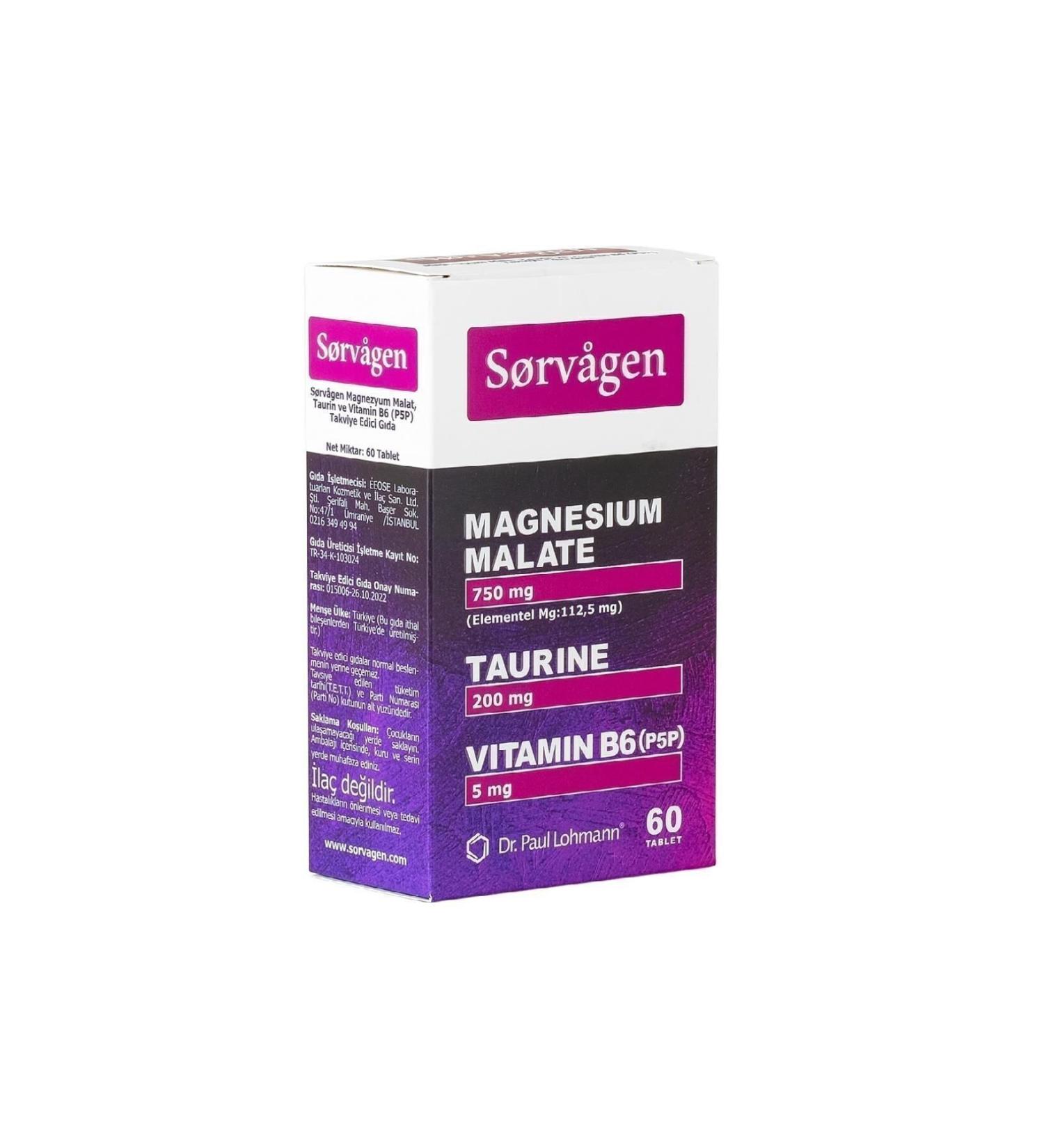 Sorvagen Magnesium Malate Taurine and Vitamin B6 (p5p) 60 Tablets