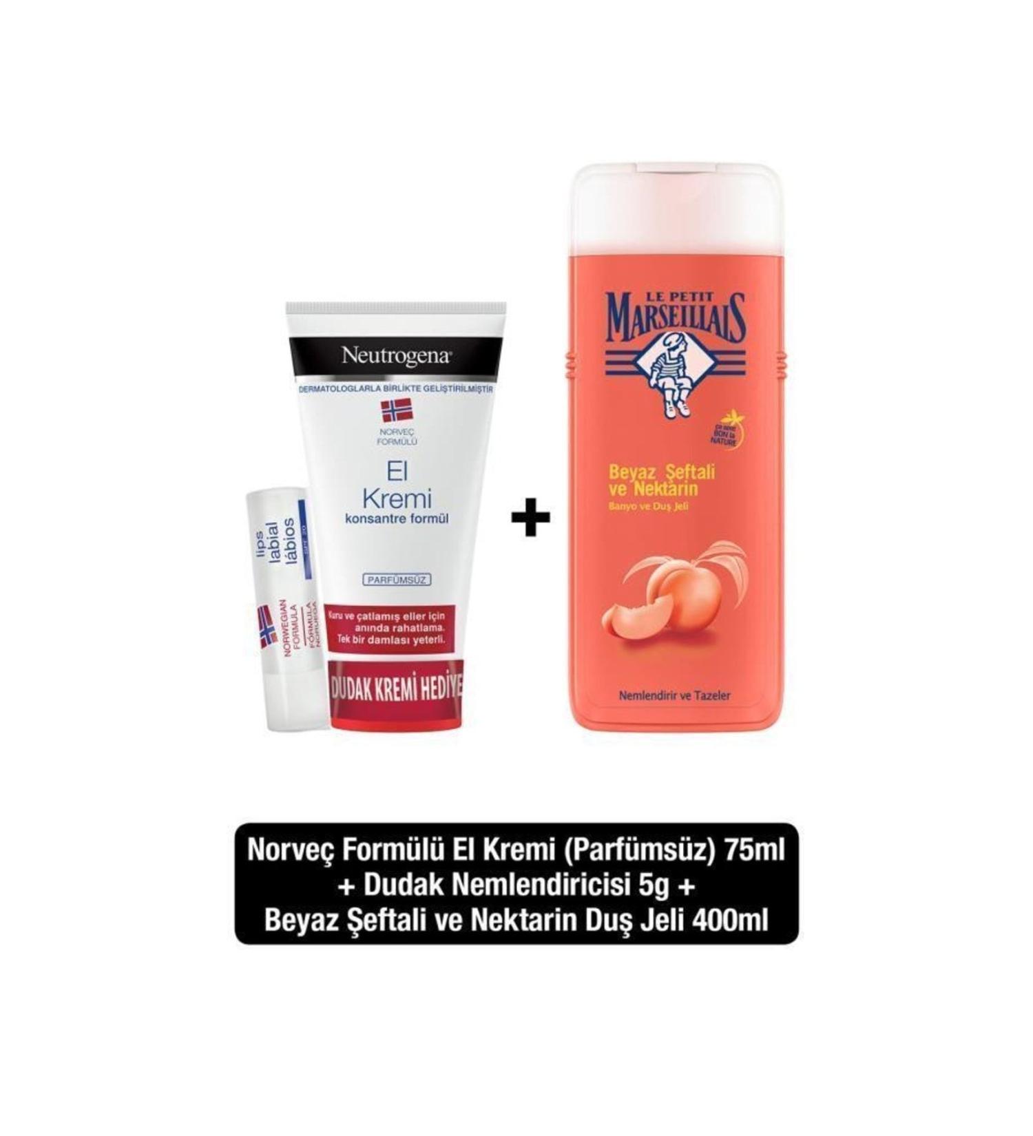 Neutrogena Norwegian Formula Unscented Hand Cream + Neutrogena Lip Balm + LPM Shower Gel Peach 400 ml
