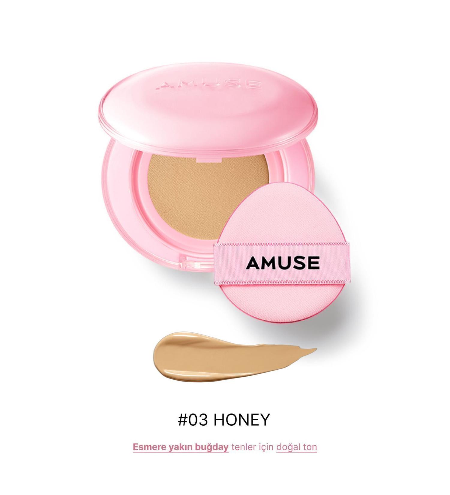 Amuse Dew Power Vegan Cushion Spf 50 Pa (KORENDY) Centella and Peptide Shiny Finish 15g #03 Honey - Buy Online on GoSupps.com