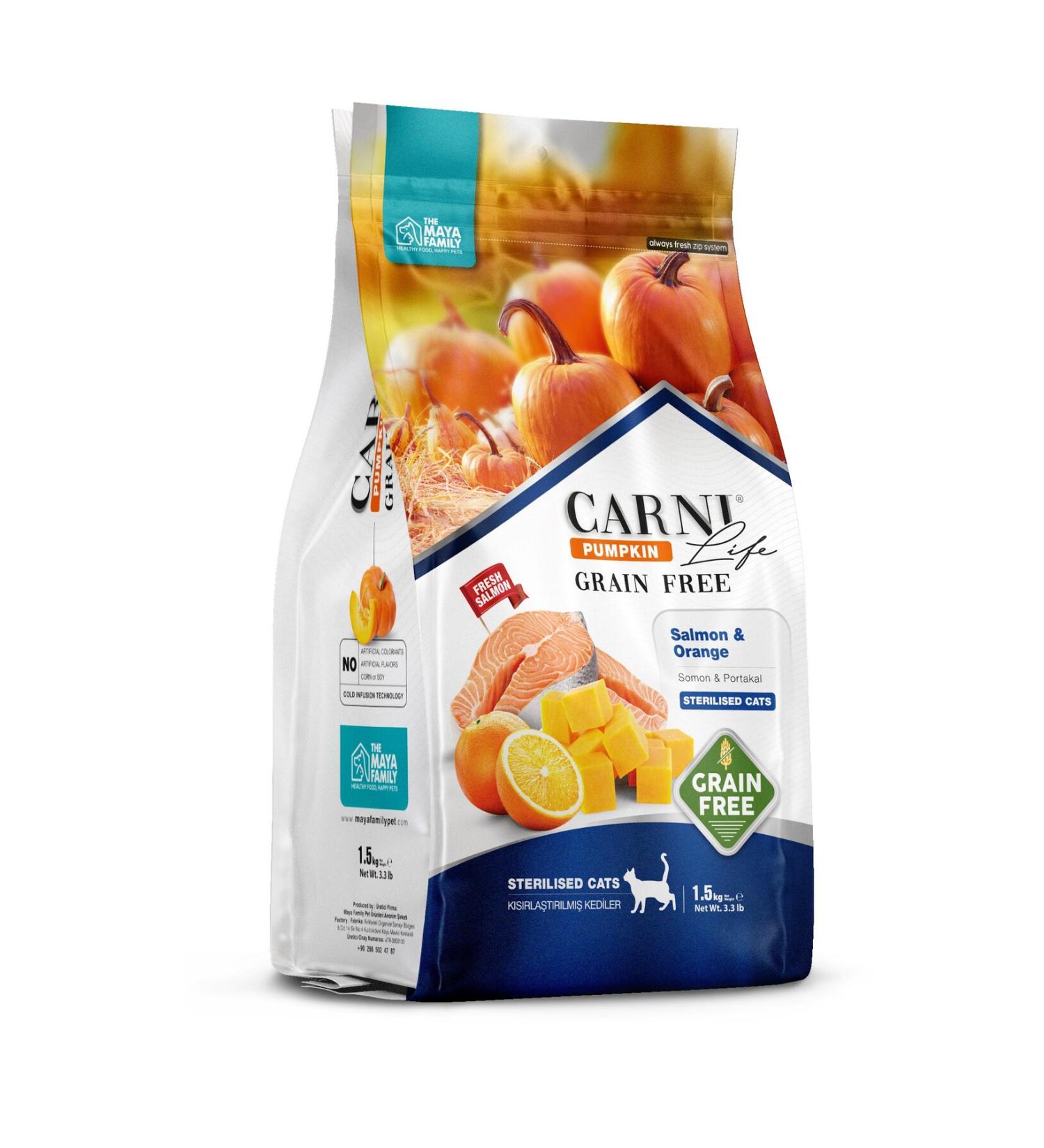 MAYA FAMILY PET Carni Life Pumpkin Grain Free Salmon & Orange Sterilized Neutered Cat Food 10Kg