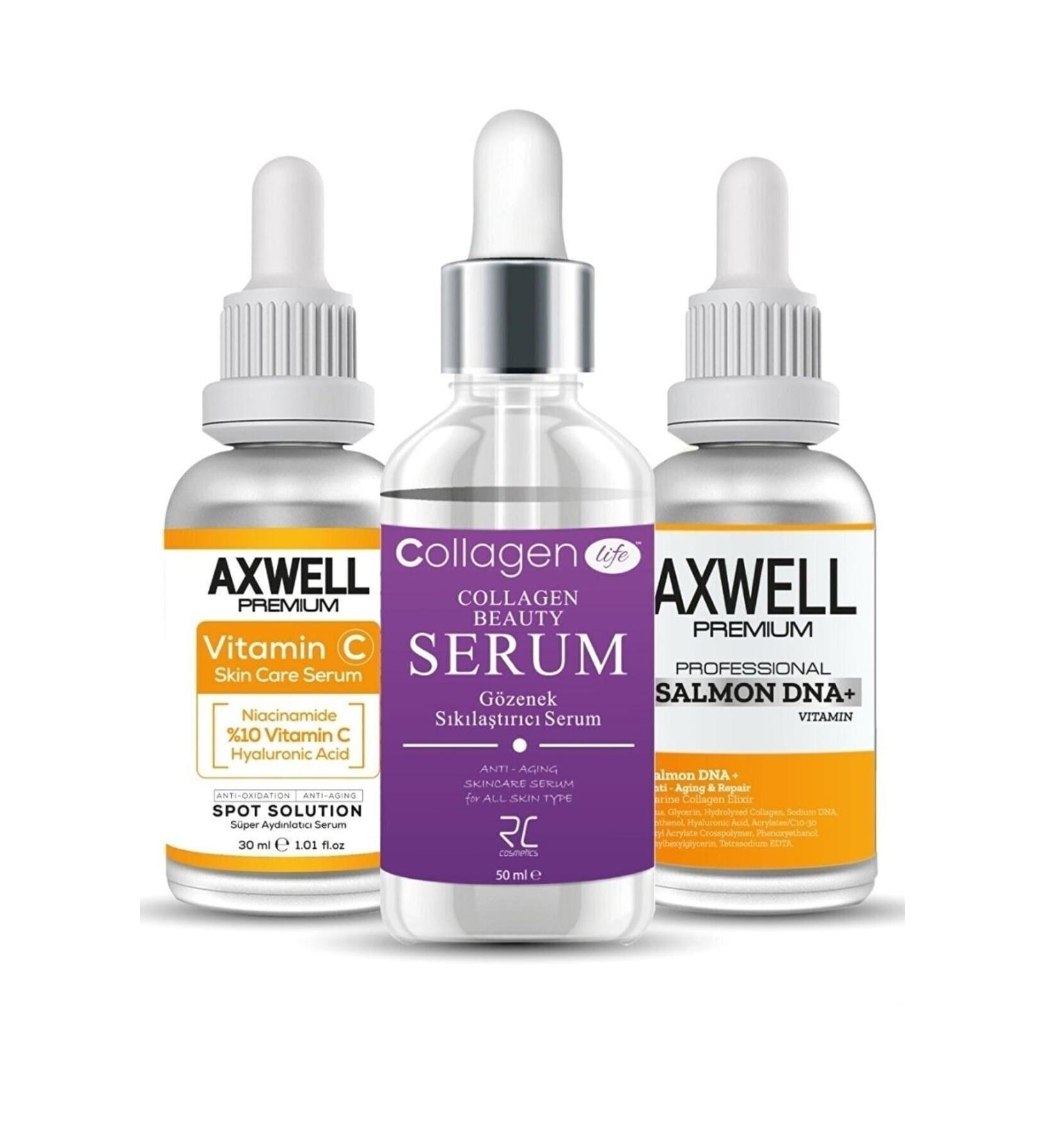 AXWELL PREMIUM Vitamin C Serum Collagen Pore Tightening Serum Anti-Aging Salmon DNA+ Serum 3-Pack Deal