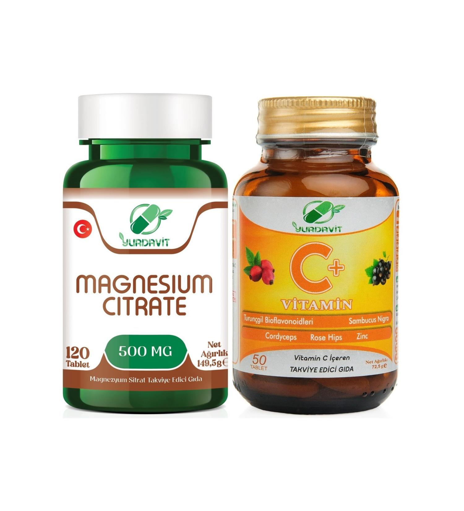 Yurdavit Magnesium Citrate 500 mg 120 Tablets and Vitamin C 1000 mg 50 Tablets - Buy Online on GoSupps.com