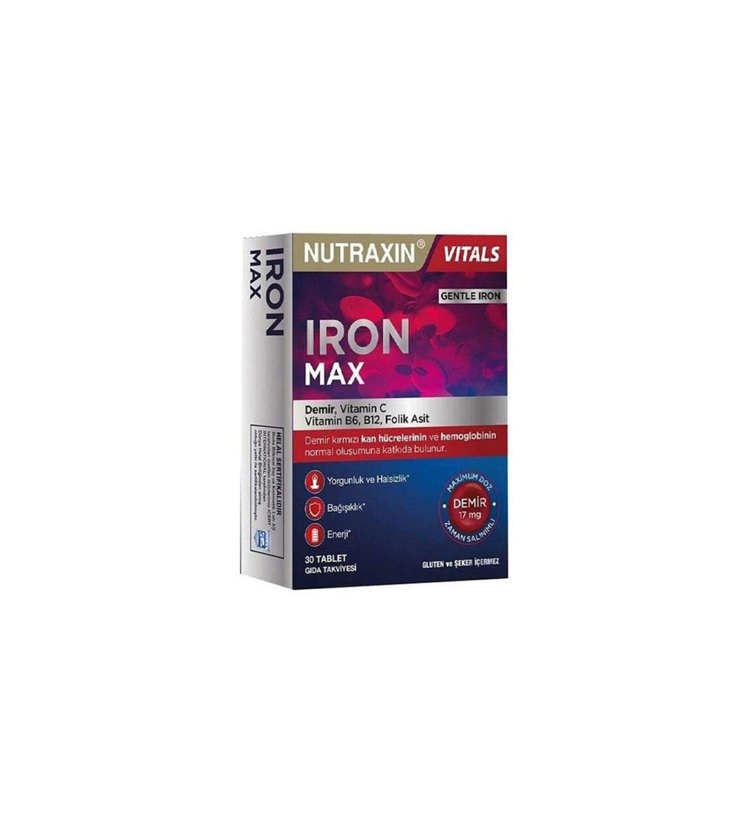 Nutraxin Iron Max 17 mg 30 TABLETS IRON VITAMIN C VITAMIN B6 B12 FOLIC ACID & FACE CLEANING GEL 100 ML