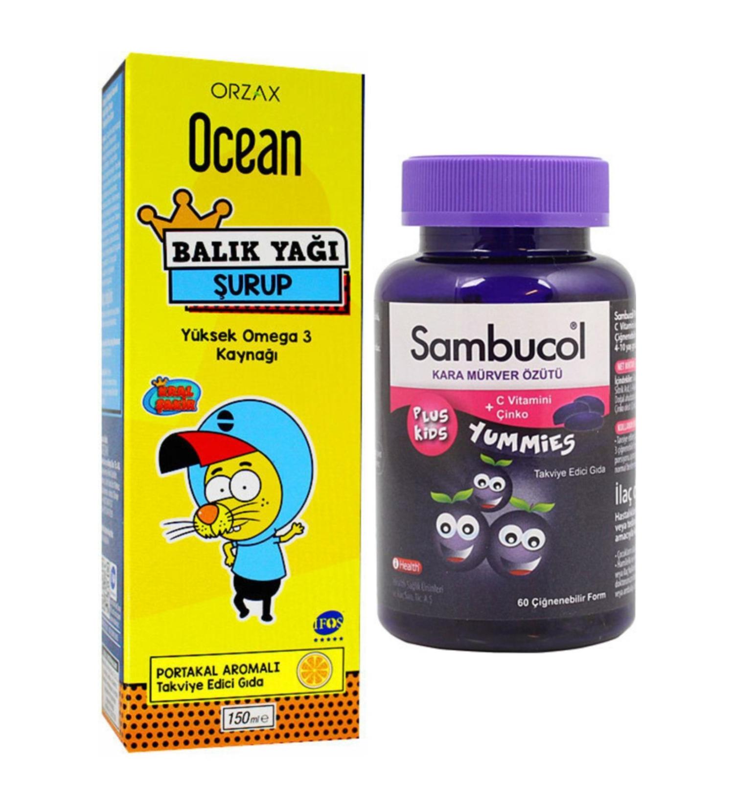 Ocean Fish Oil Syrup Orange Flavor 150 ml + Sambucol Plus Kids Yummies 60 Chewable Form