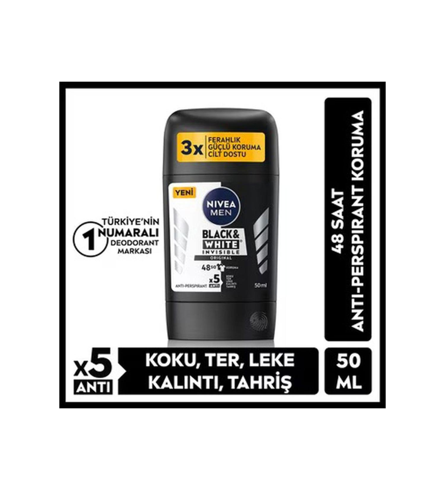 NIVEA Men Men's Stick Deodorant Black&White Invisible Original 48 Hours Anti-perspirant Protection 50 ml
