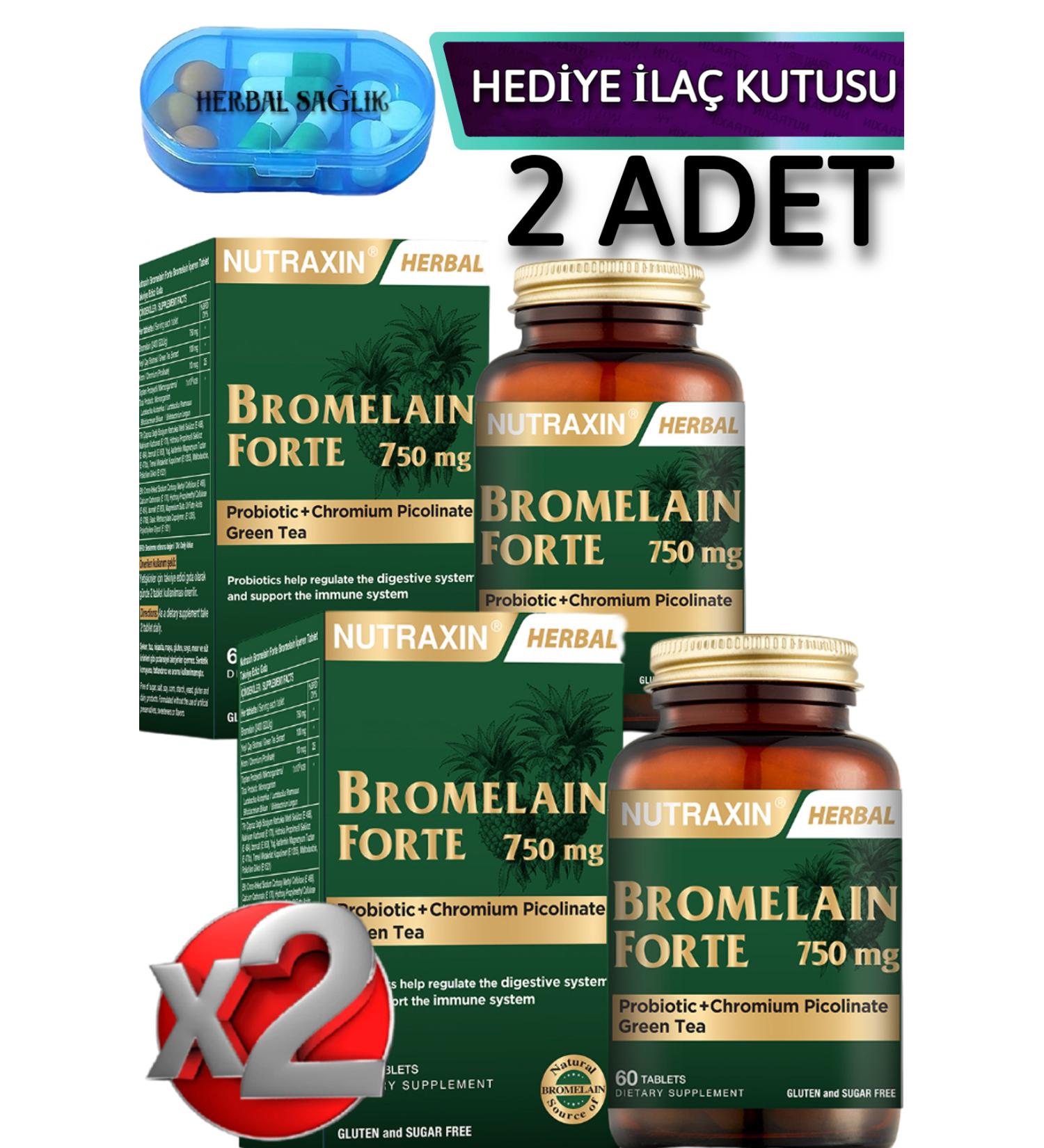 Nutraxin 2 Pieces Bromelain Forte 750 Mg-(Probiotic-Chromium Picolinate-Green Tea) 60 Tablets