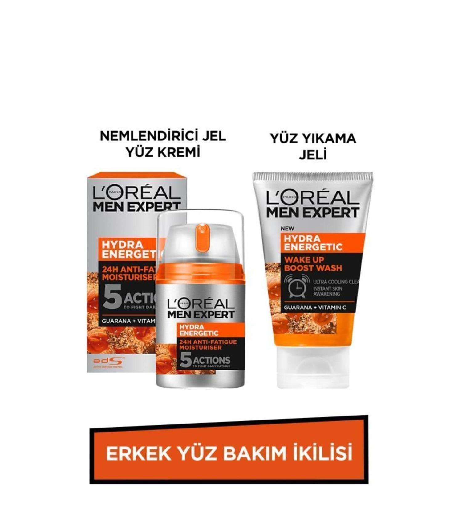 L'Oreal Paris Men Expert Men's Face Care Duo Hydra Energetic Face Wash Gel 100ml Moisturizing Gel Face Cream 50ml - Buy Online on GoSupps.com
