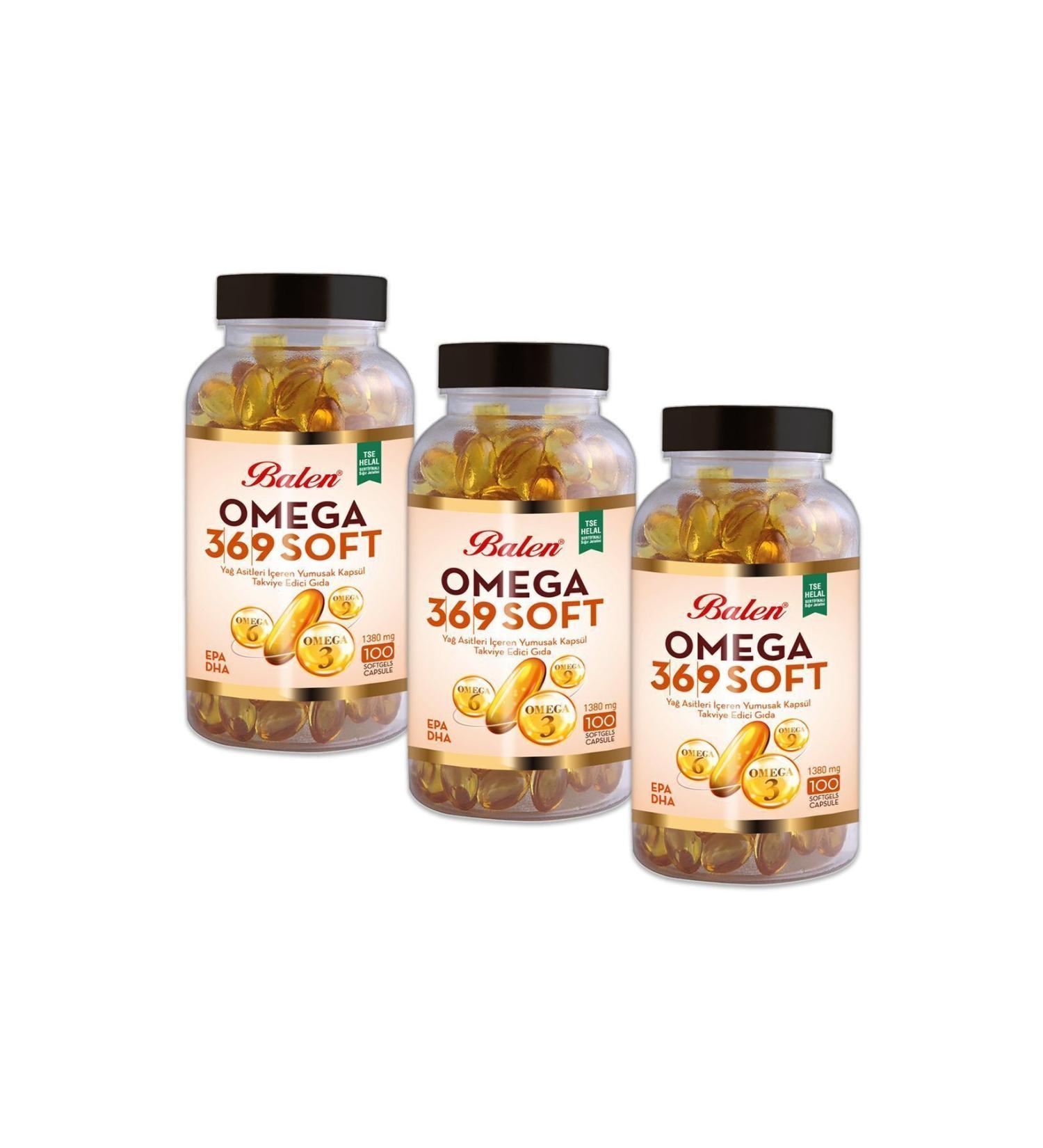 Balen Omega 3-6-9 Soft Fatty Acids 1380 mg 100 Softgels x 3 Pieces