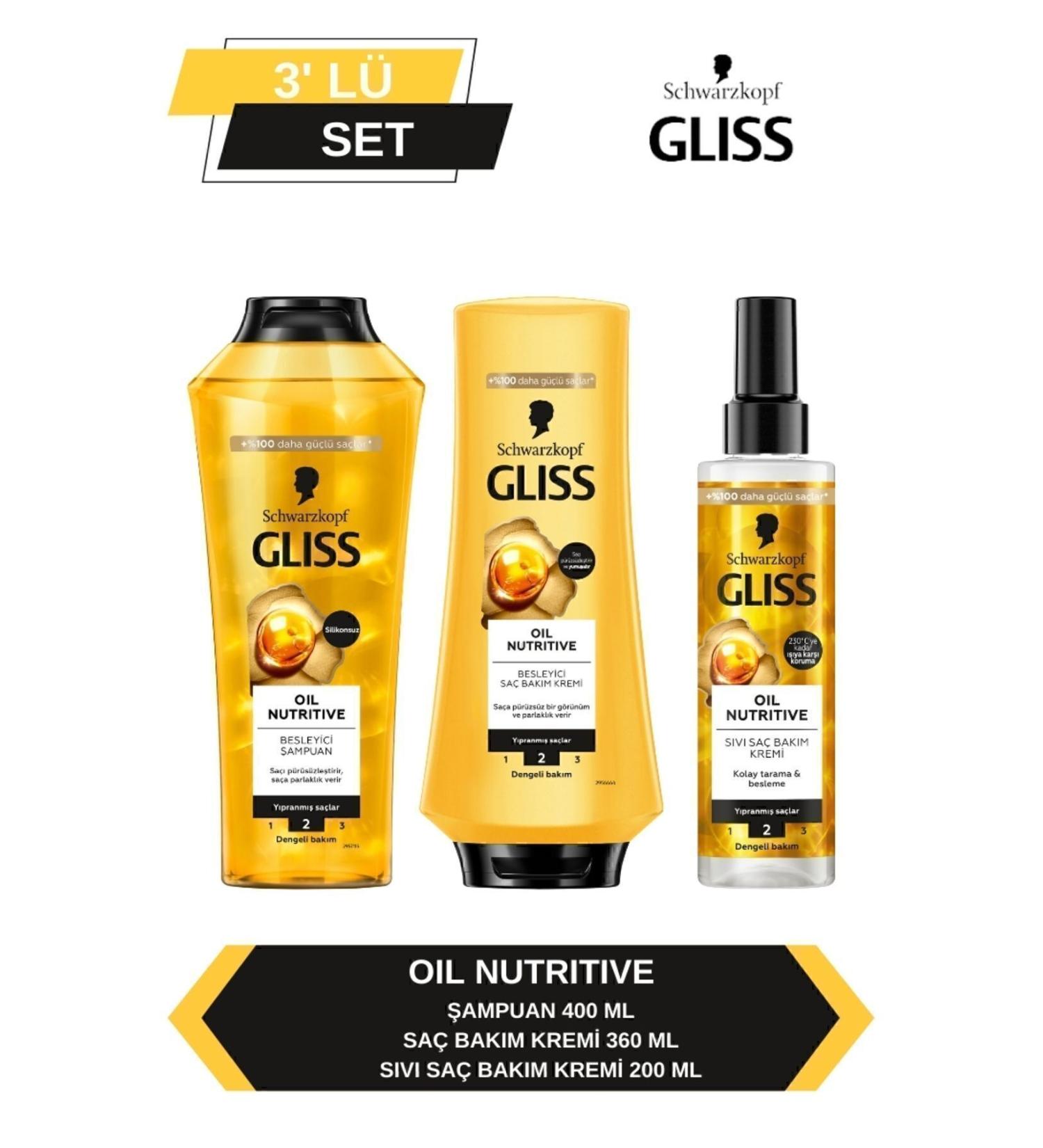 Gliss Oil Nutritive Shampoo 400ml + Conditioner 360ml + Liquid Conditioner 200ml - Buy Online on GoSupps.com
