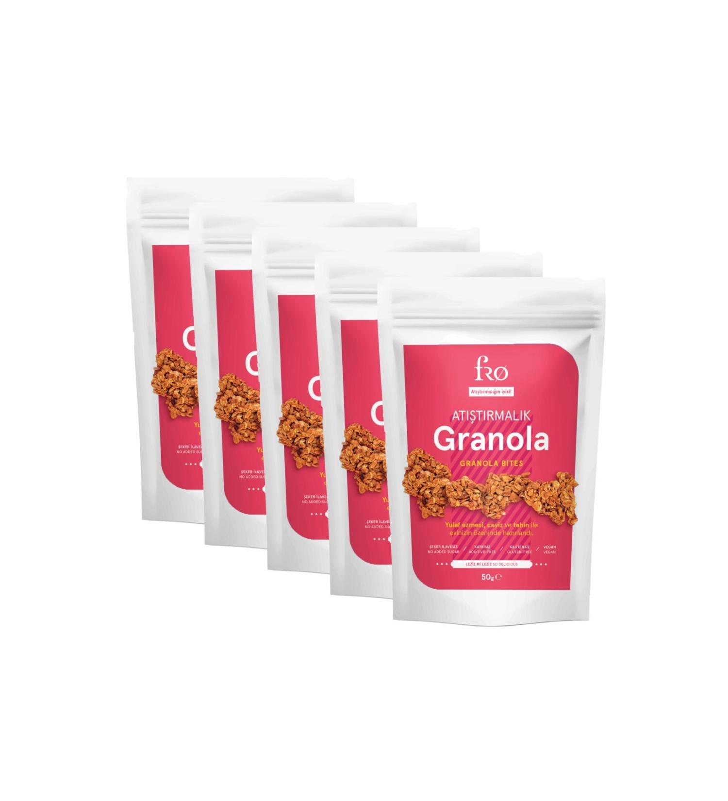 FRO 5-Piece Snack Granola Vegan Gluten-Free Sugar-Free Snack Healthy Additive-Free Granola 5x50gr