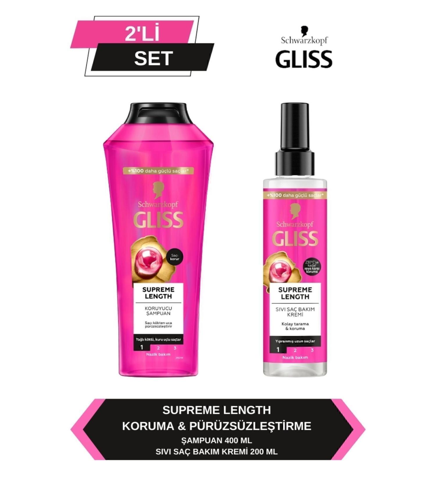 Gliss Supreme Length Special Set for Long Hair (Shampoo 400 ml + Leave-in Liquid Conditioner 200 ml) - Buy Online on GoSupps.com
