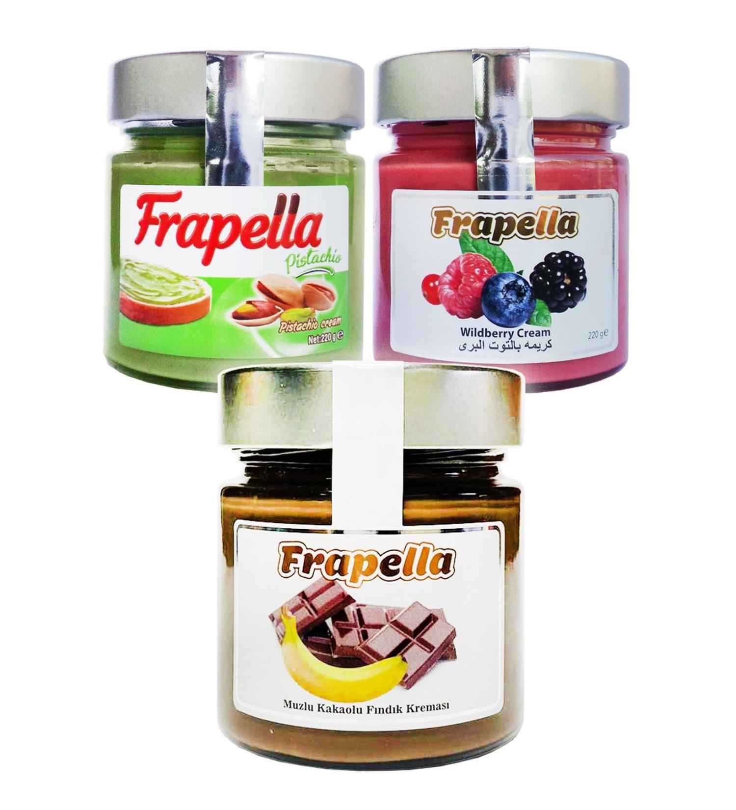 Frapella Banana Cocoa Hazelnut Cream Pistachio Cream Forest Fruit 3 Pieces X 220 Gr. - Buy Online on GoSupps.com