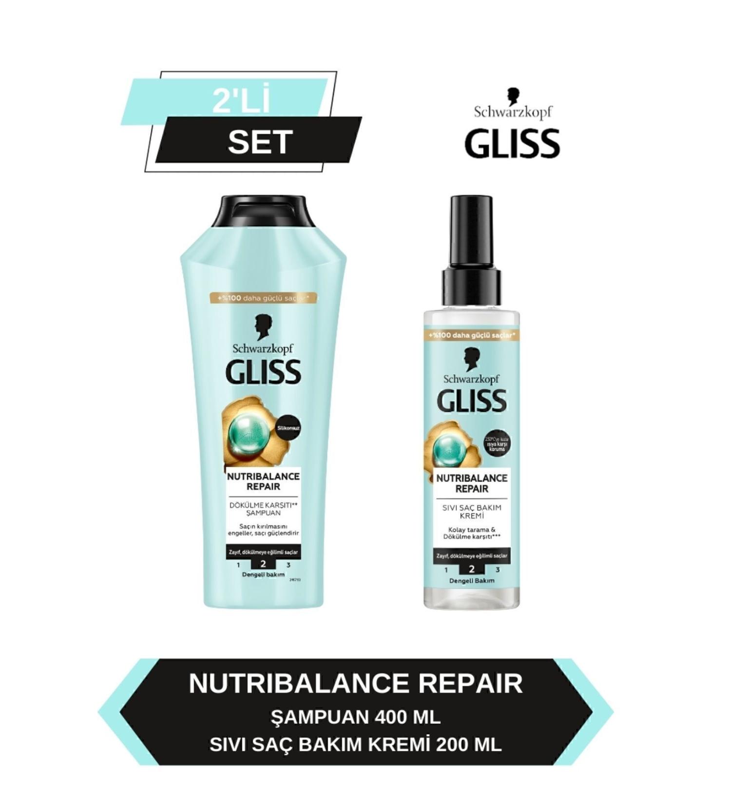Gliss Nutribalance Repair Anti-Hair Loss Shampoo 400 ml and Leave-in Liquid Conditioner 200 ml - Buy Online on GoSupps.com
