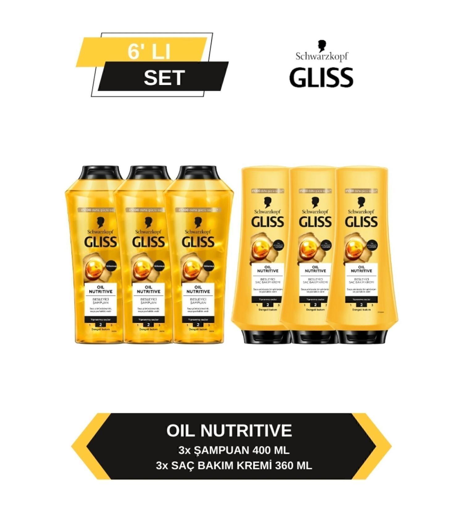 Gliss Oil Nutritive Shampoo 400ml x 3 + Conditioner 360ml x 3 - Buy Online on GoSupps.com