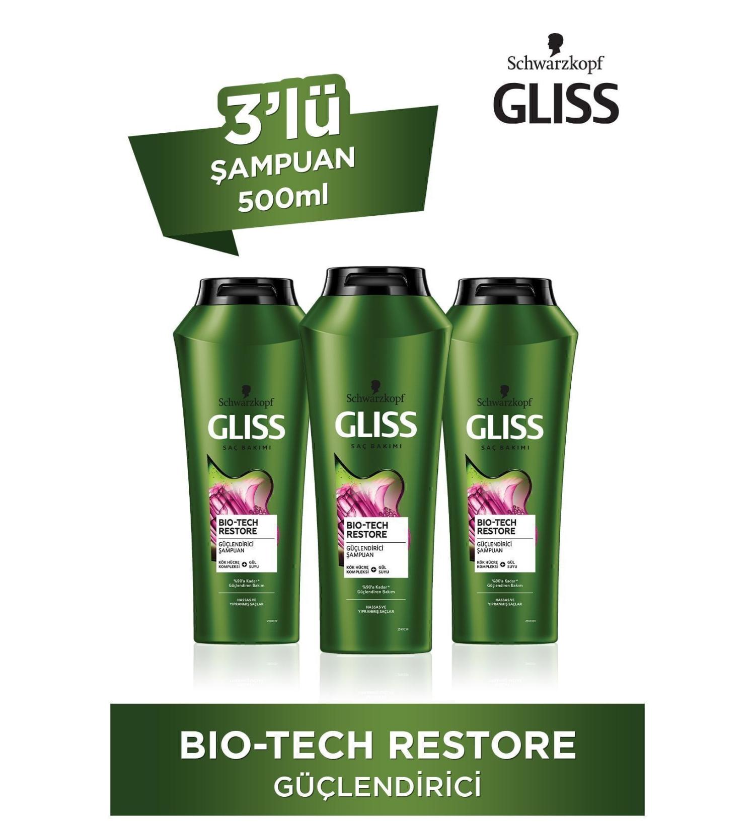 Gliss Bio-tech Restore Strengthening Shampoo - With Stem Cell Complex and Rose Water 500 ml X 3 Pcs - Buy Online on GoSupps.com