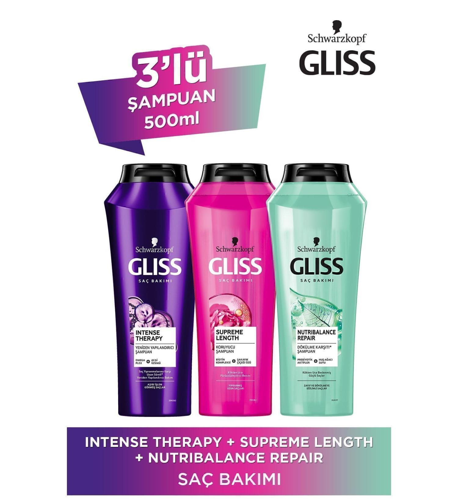 Gliss Intense Therapy Shampoo 500 Ml + Supreme Lenght 500 Ml Shampoo + Nutribalance Repair 500 Ml