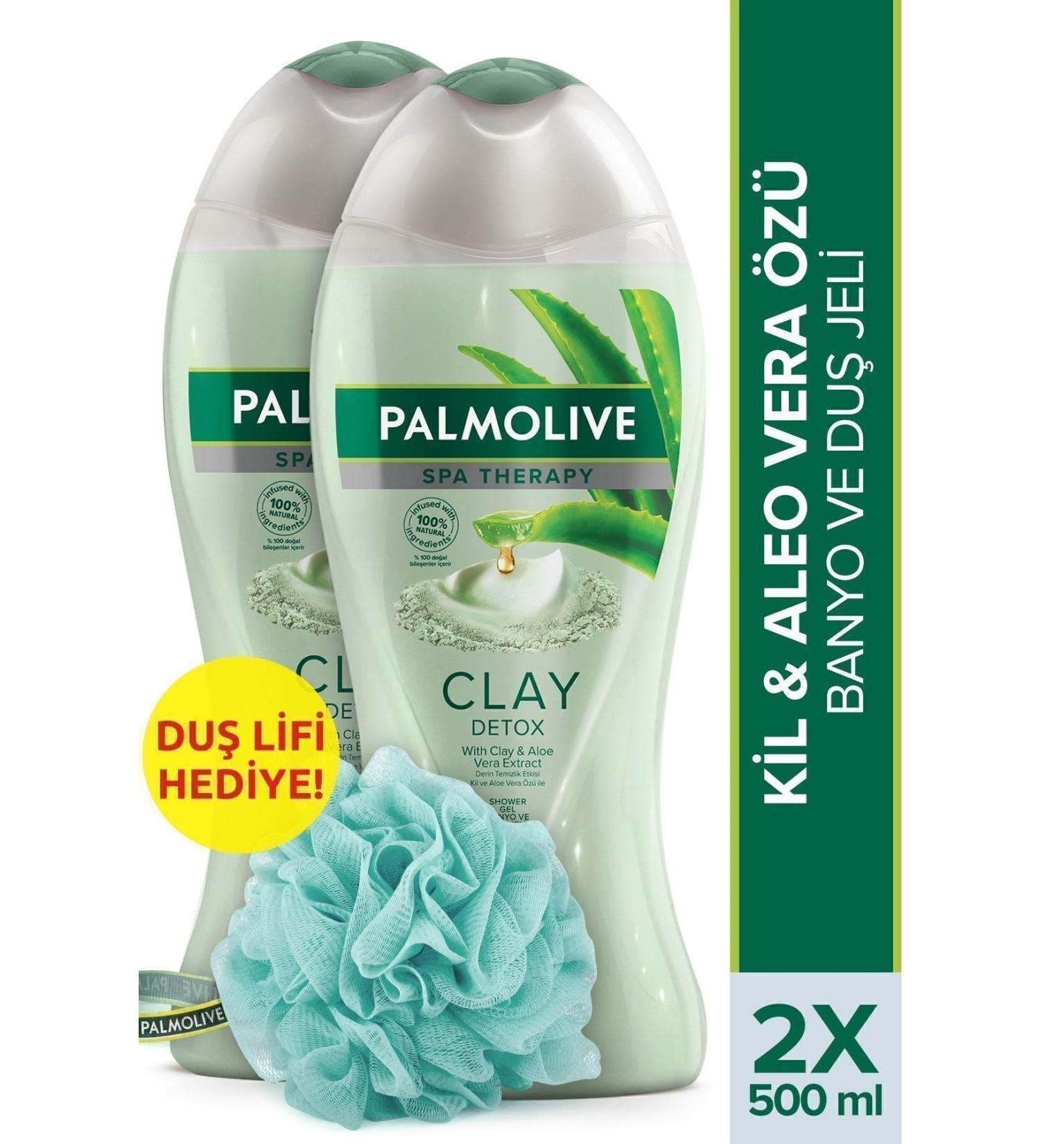 Palmolive Spa Therapy Clay Detox Clay and Aloe Vera Extract Bath and Shower Gel 2 x 500 ml + Shower Loofah Gift - Buy Online on GoSupps.com