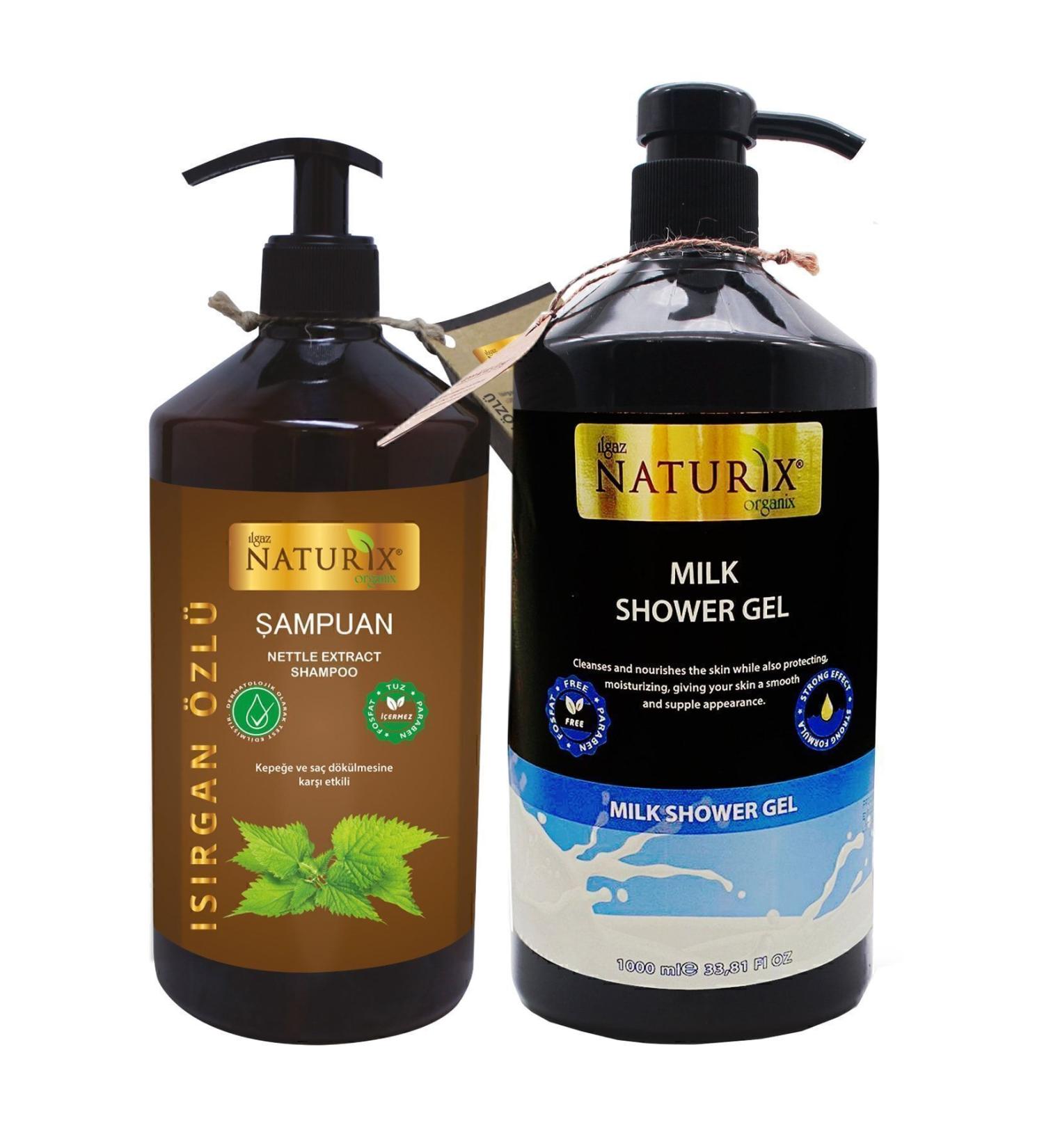 Naturix 2-Pack Milky Shower Gel Sensitive Skin 1000ml + Anti-Dandruff Effective Nettle Extract Shampoo 600ml