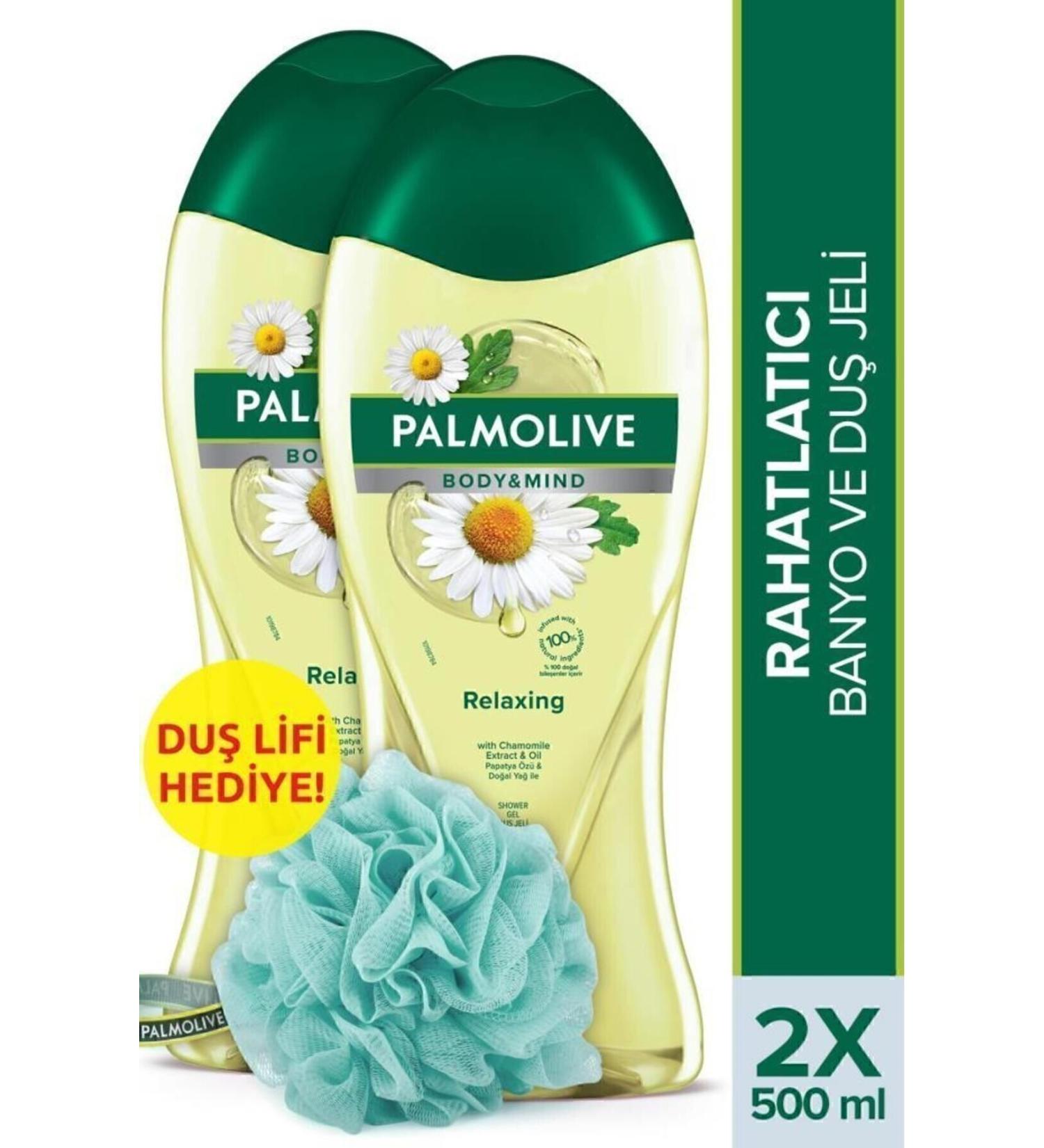 Palmolive Body & Mind Chamomile Essence Relaxing Bath and Shower Gel 500 ml X 2 Pieces Shower Loofah Gift - Buy Online on GoSupps.com