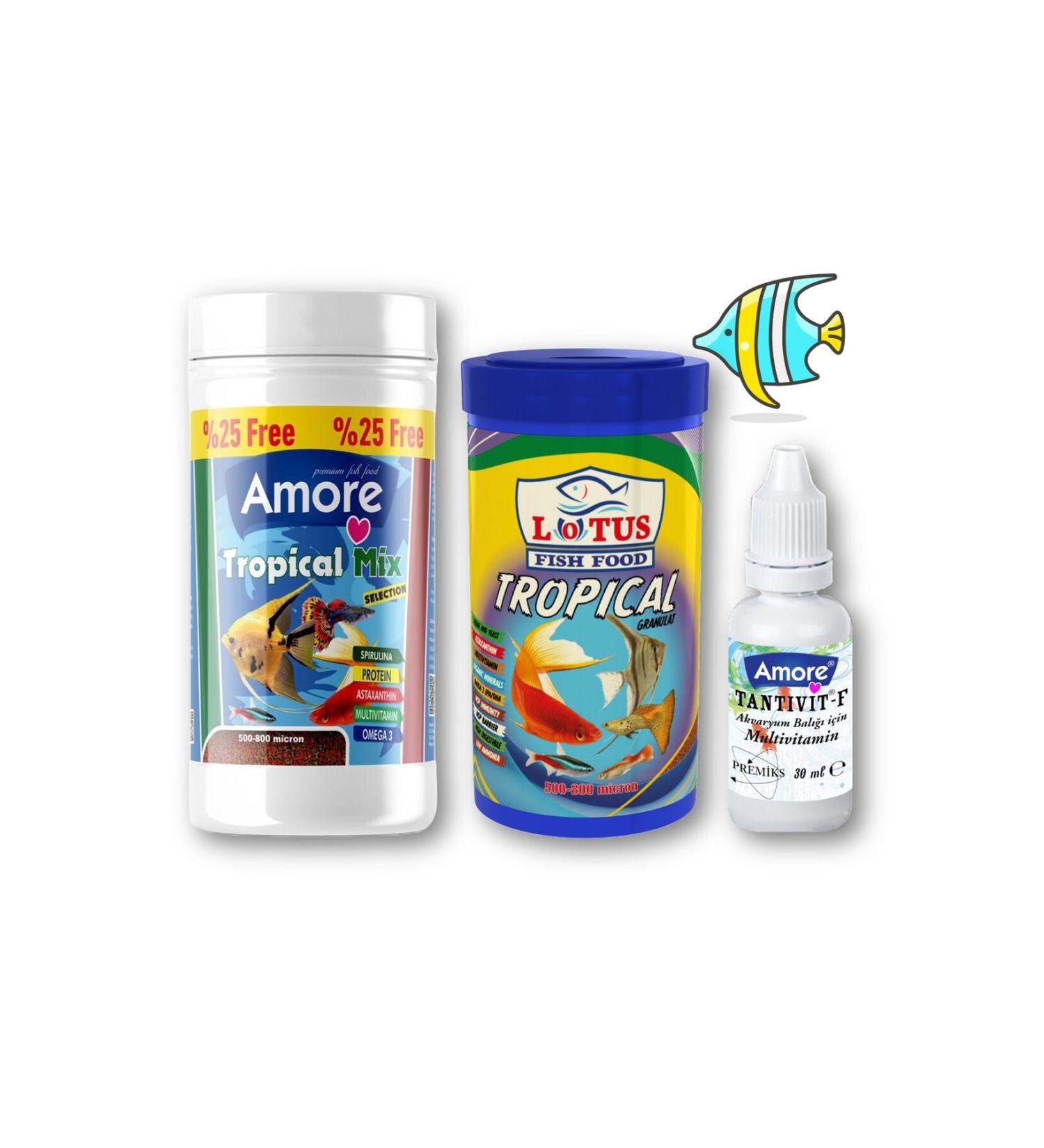 AMORE Guppy-Angel-Platy-Moly Fish Food 125ml Lotus Tropical Granules 100ml Multivitamin