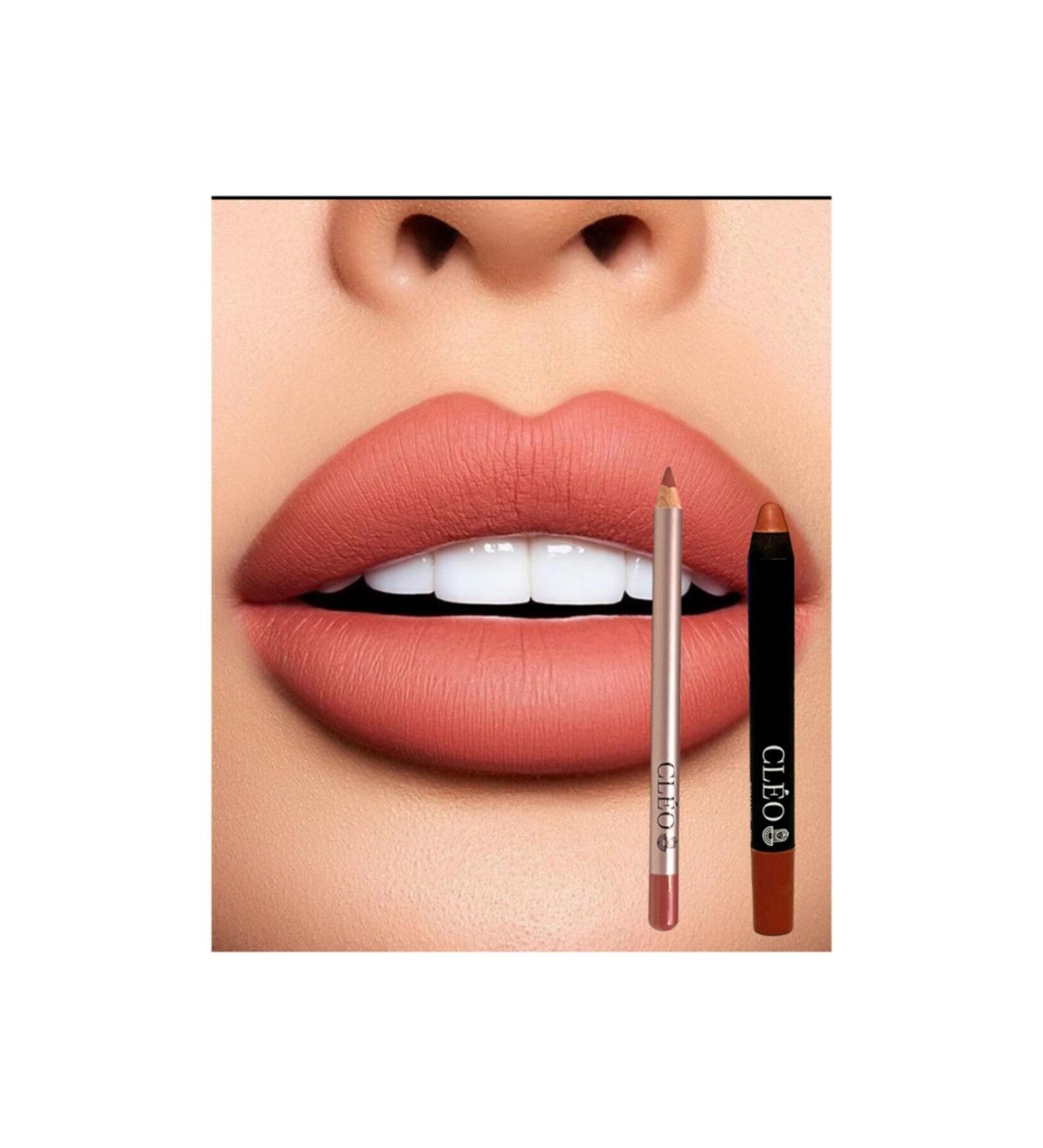 Cleo Cosmetics 2 in 1 Waterproof Matte Lipstick & Lip Pencil (Nude Brown)