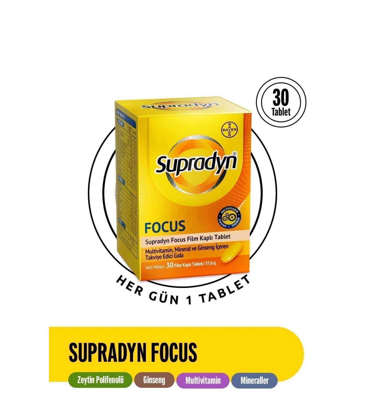 Supradyn Focus 30 Film-Coated Tablet | Olive Polyphenol Ginseng Multivitamin and Mineral Supplement - Buy Online on GoSupps.com