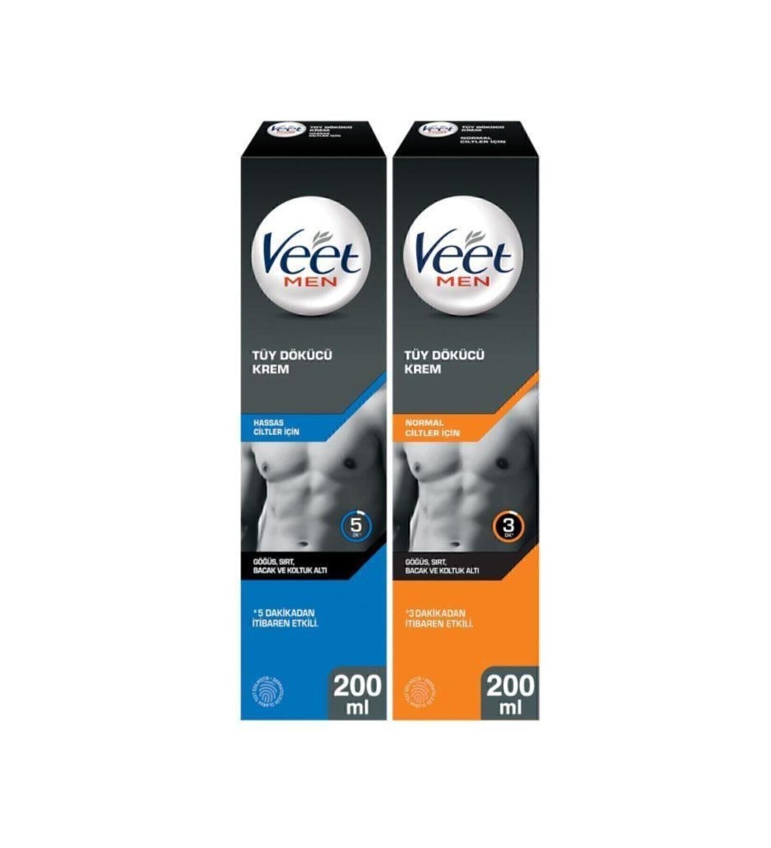 Veet Men Hair Removal Cream for Men Sensitive Skin 200ml + Normal Skin Hair Removal Cream 200 ml - Buy Online on GoSupps.com