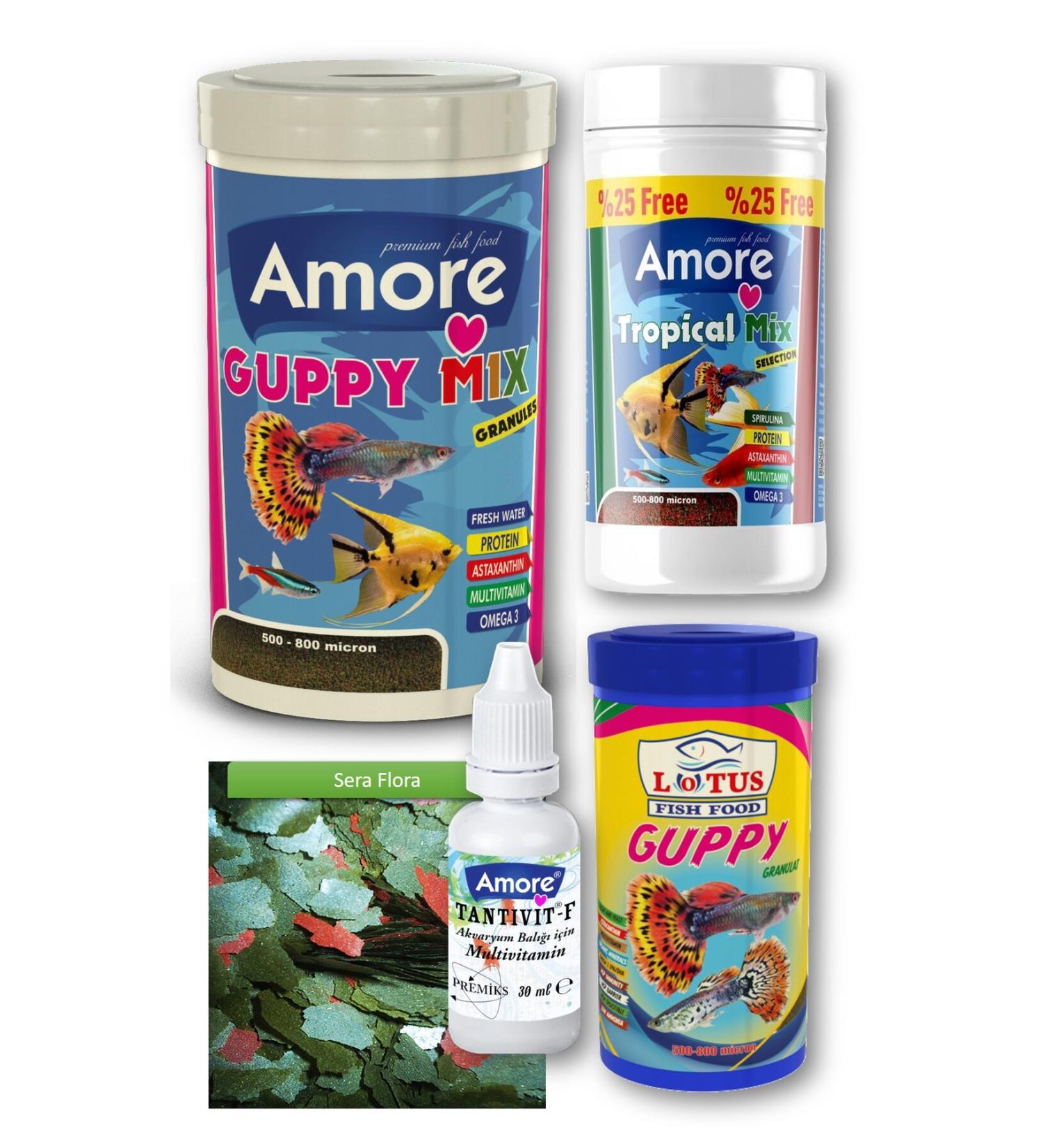 AMORE Guppy Fish Food 250 ml 100 ml Guppy Fish Granule Food Tropical 125 ml Flora 30 gr Flake Vit