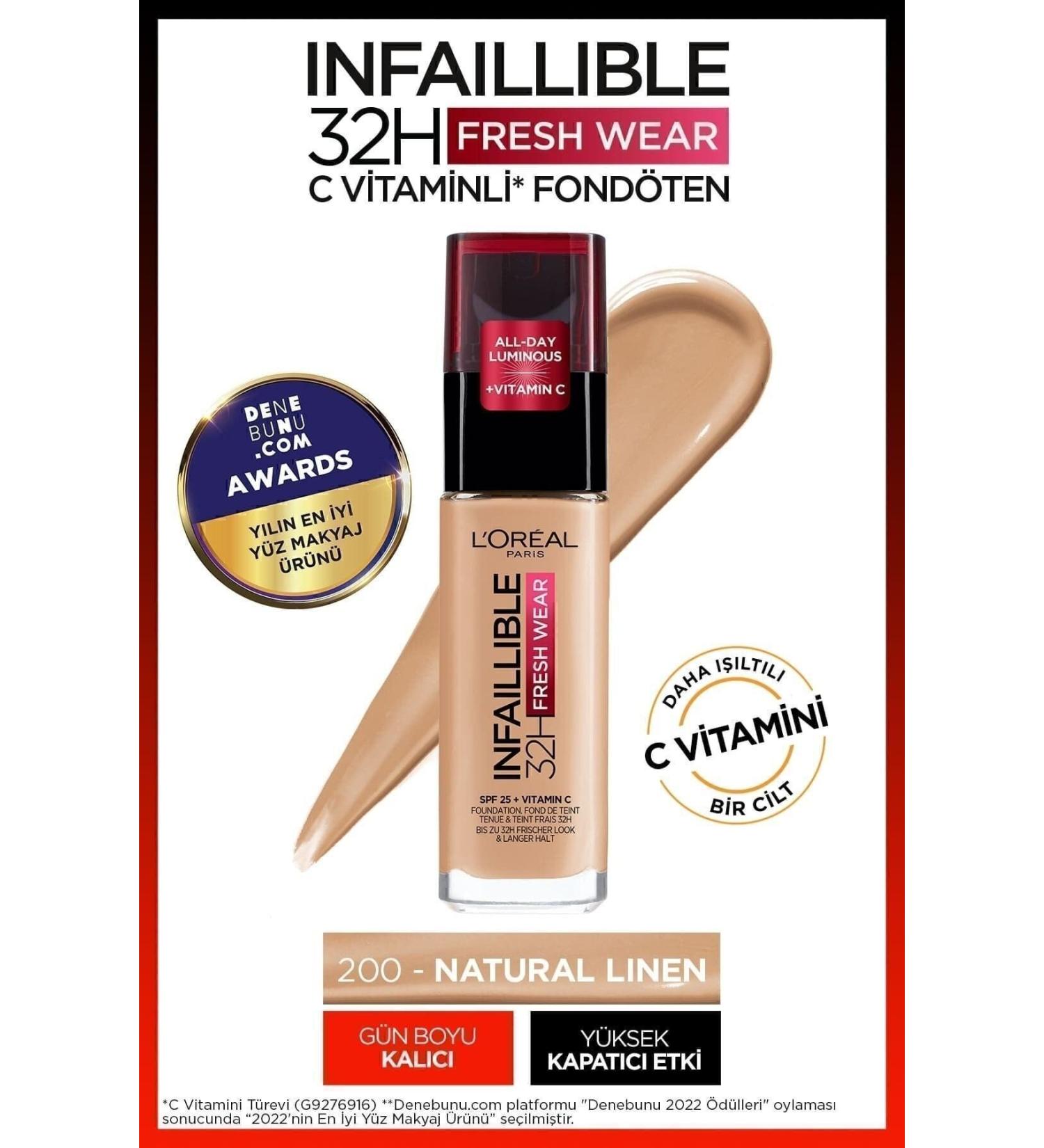 L'Oreal Paris L'Or al Paris Infaillible 32H Fresh Wear Vitamin C Foundation - 200 Natural Linen - Buy Online on GoSupps.com