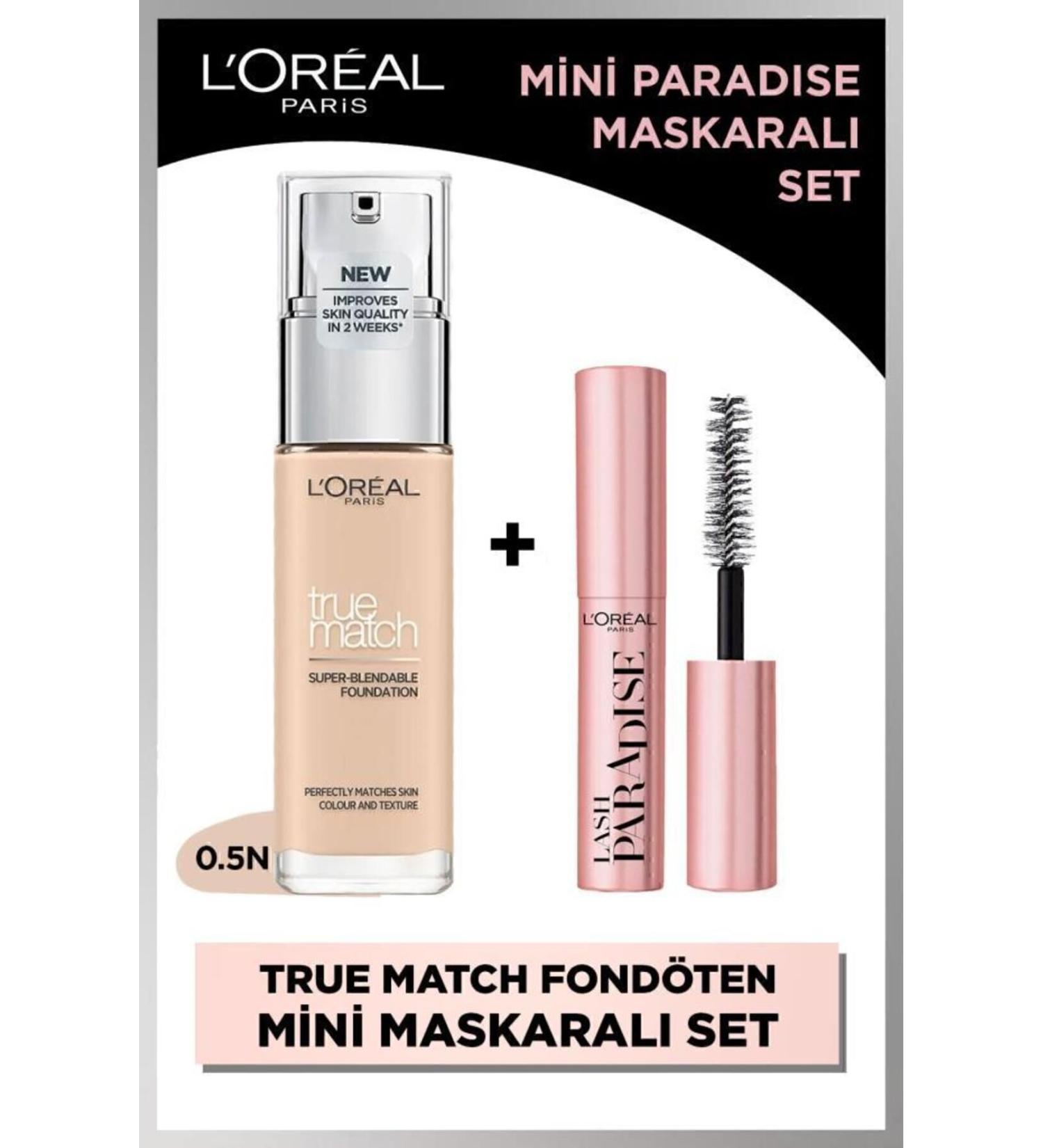 L'Oreal Paris True Match Caring Foundation 0.5n Porcelain & Mini Paradise Mascara 4.7 Ml Makeup Set - Buy Online on GoSupps.com