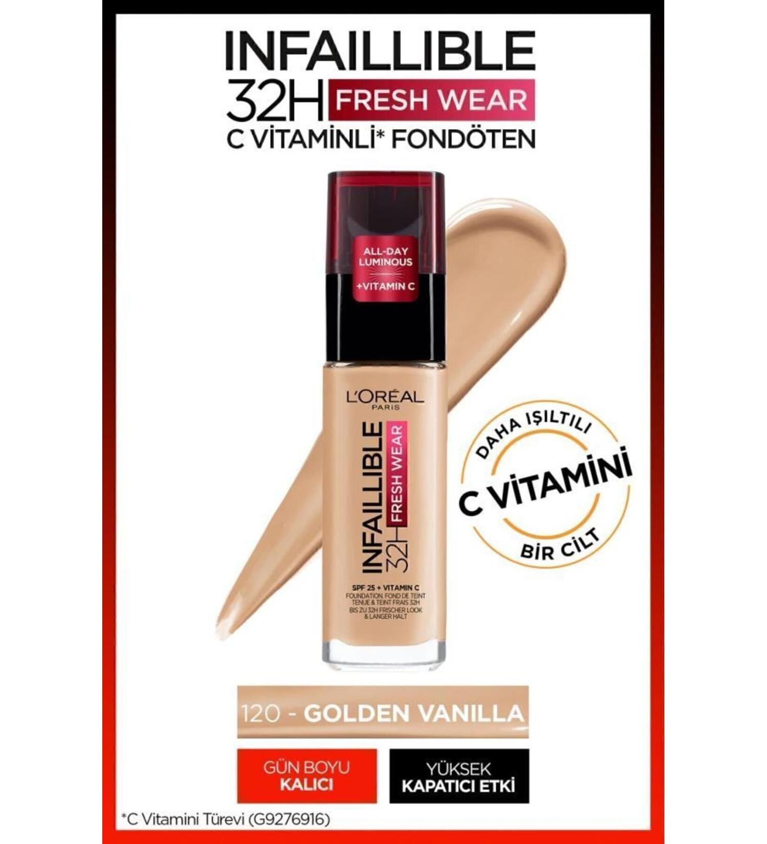 L'Oreal Paris L'Or al Paris Infaillible 32H Fresh Wear Vitamin C Foundation - 120 Golden Vanilla - Buy Online on GoSupps.com