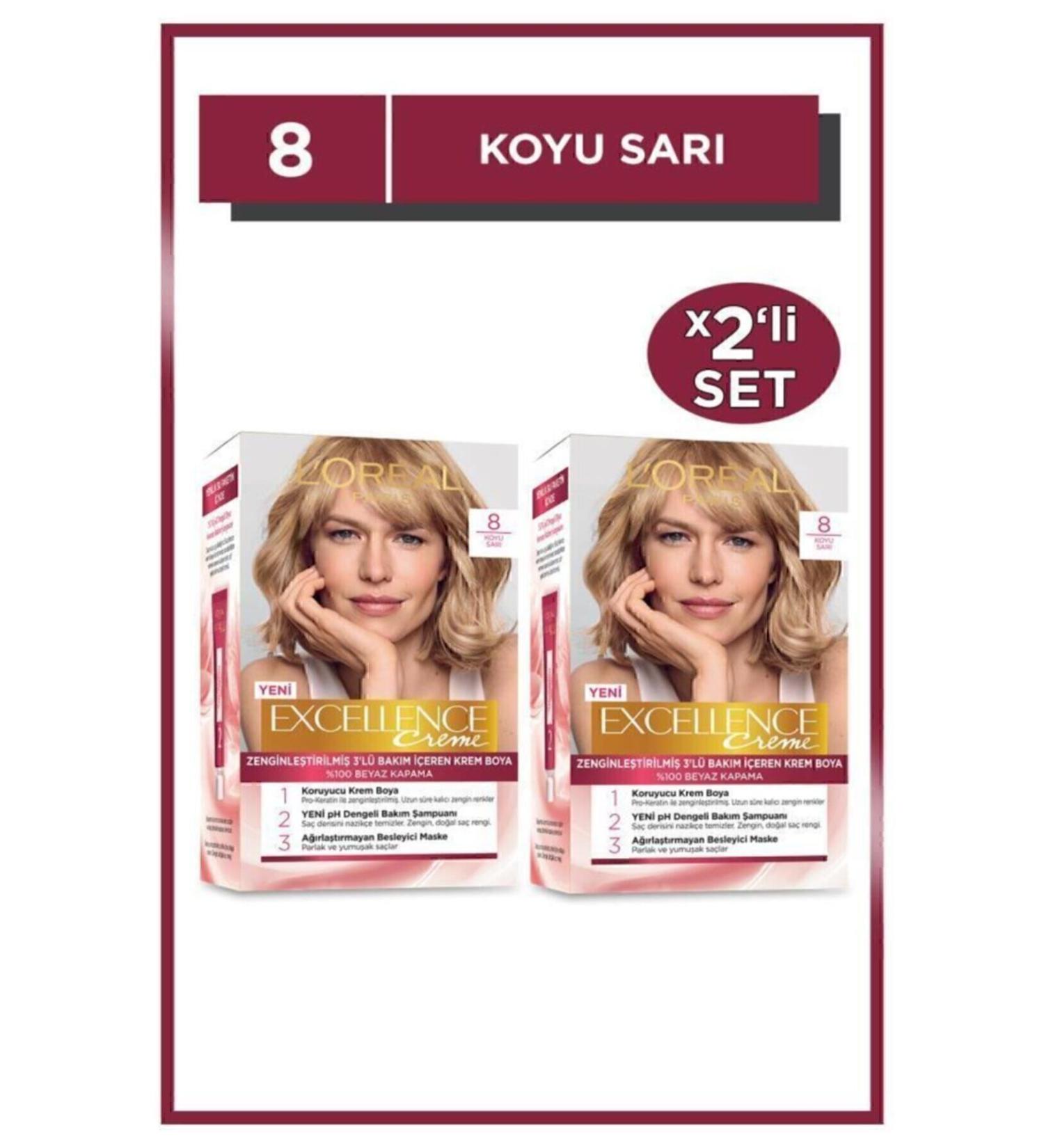 L'Oreal Paris Excellence Creme Hair Dye 8 Dark Blonde 2-Piece Set - Buy Online on GoSupps.com