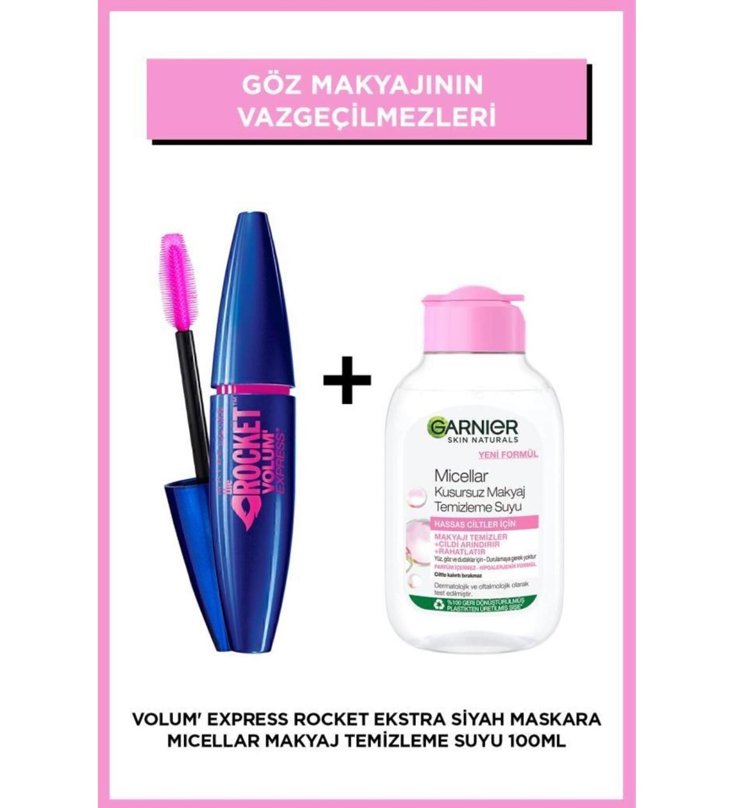 Maybelline New York Volum' Express Rocket Extra Black Mascara & Garnier Micellar Makeup Remover Water 100 Ml - Buy Online on GoSupps.com