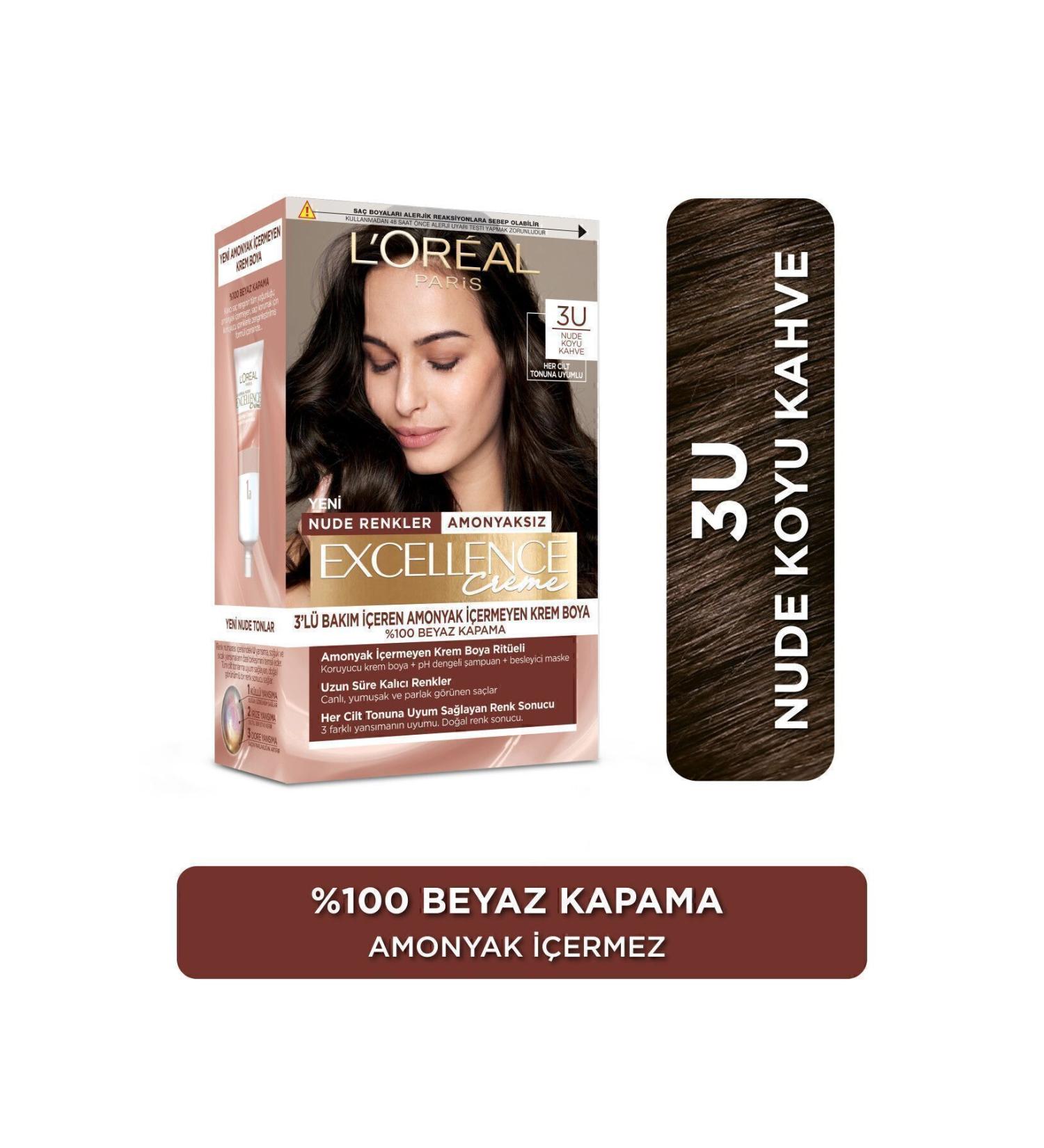 L'Oreal Paris Excellence Creme Nude Colors Hair Dye 3u Nude Dark Brown - Buy Online on GoSupps.com