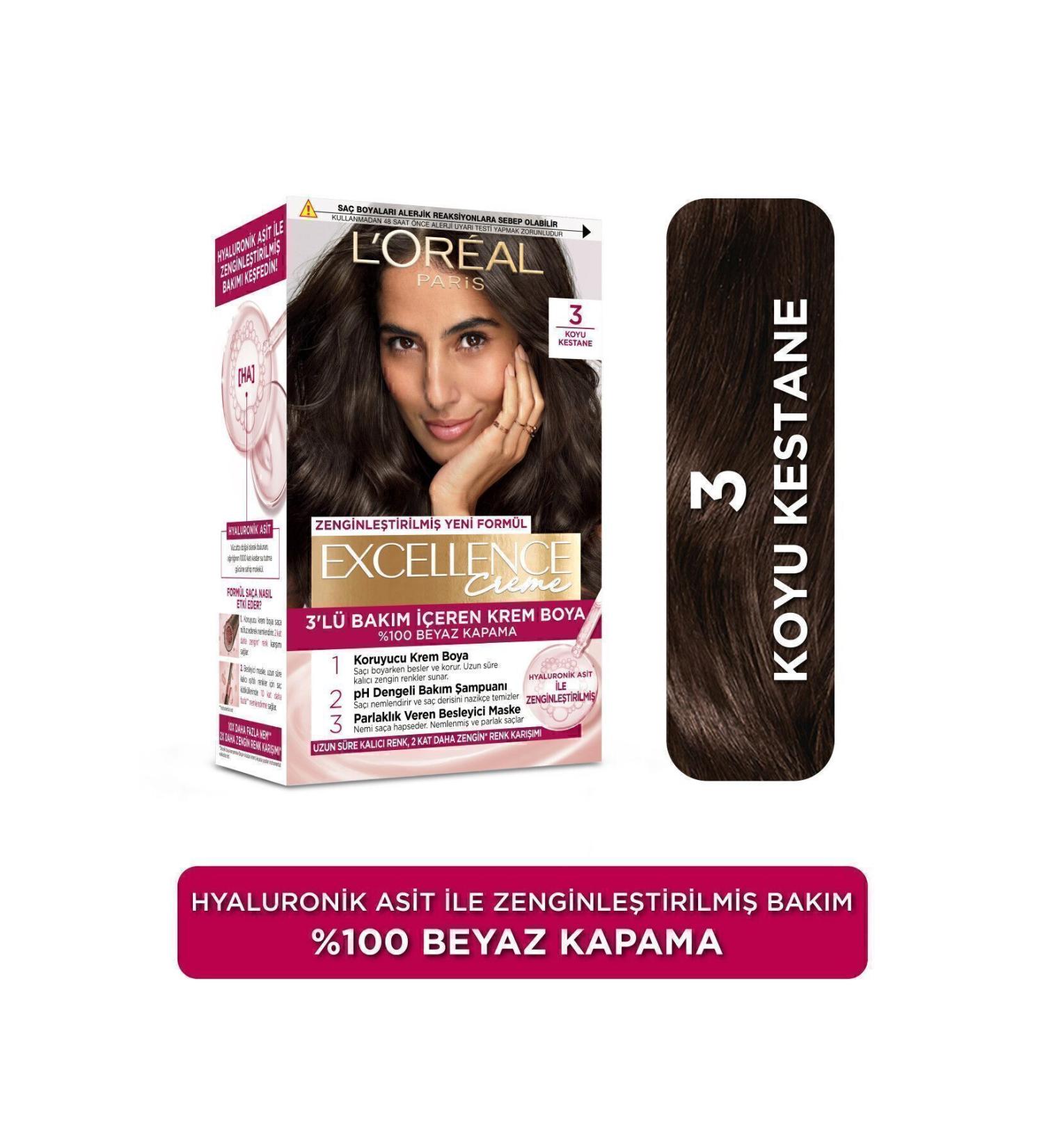 L'Oreal Paris Excellence Creme Hair Dye 3 Dark Chestnut - Buy Online on GoSupps.com