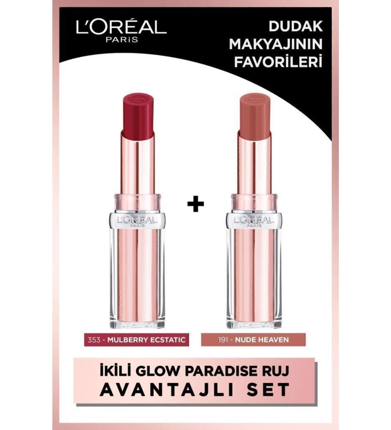 L'Oreal Paris Glow Paradise Balm-in-lipstick Shimmer Lipstick Set of 2 - 353 Mulberry Ecstatic & 191 Nude Heaven - Buy Online on GoSupps.com