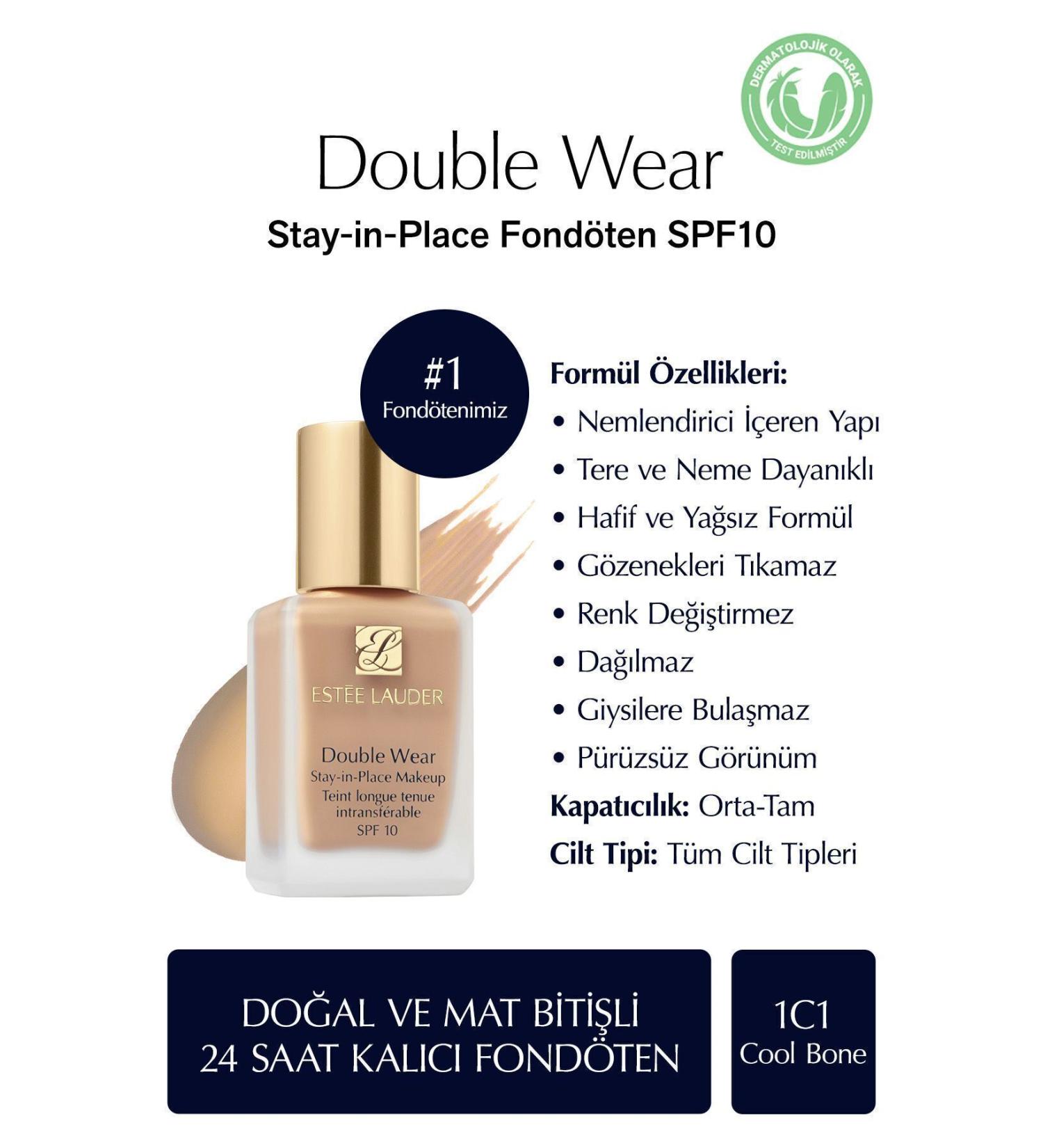 Estee Lauder Natural and Matte Finish - Double Wear Stay-in-Place Foundation SPF 10 ( 1C1 Cool Bone) - 30 ml - Buy Online on GoSupps.com