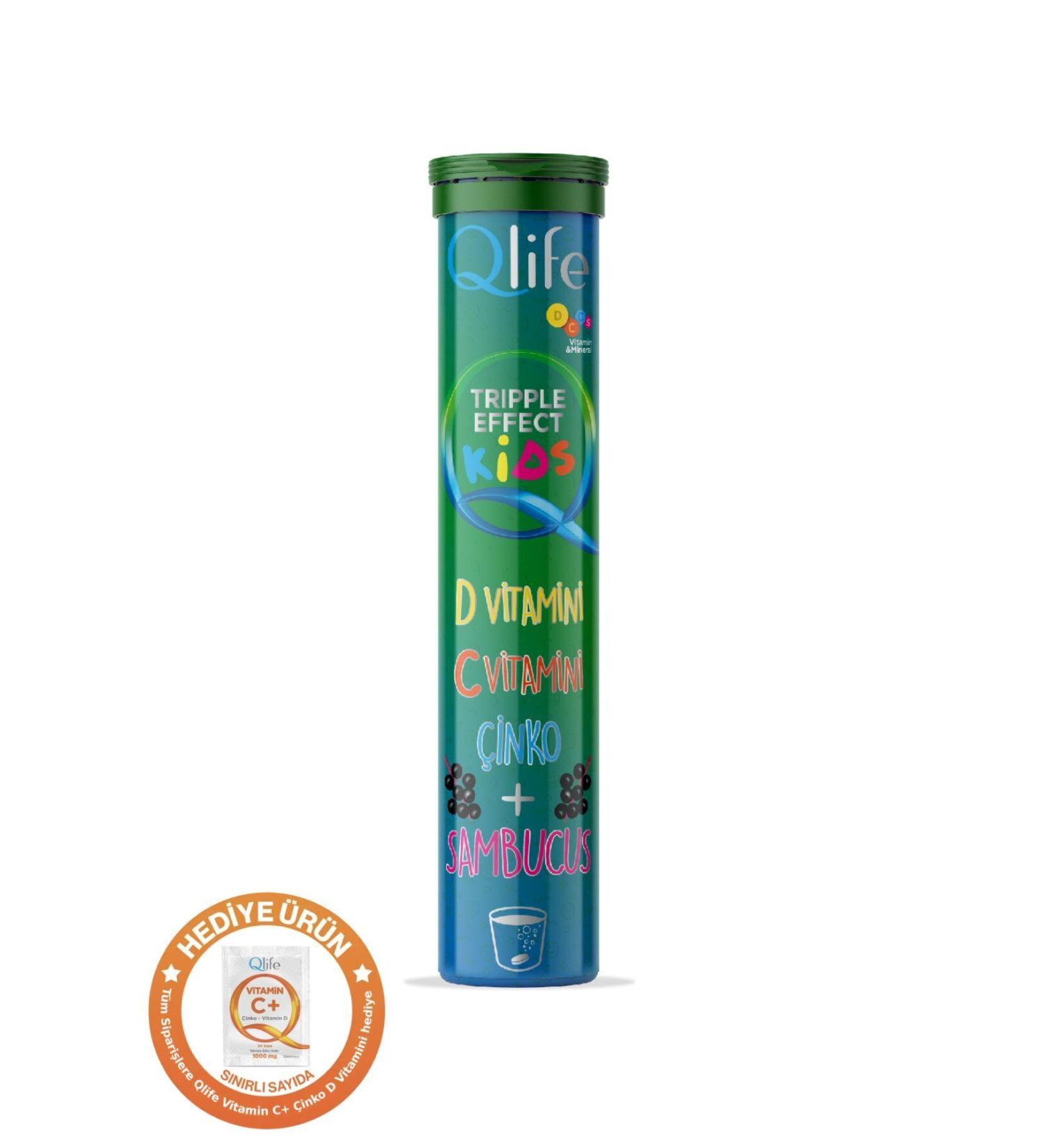 Qlife Children Vitamin Supplement C & D & Zinc Black Elderberry Strawberry and Raspberry Flavored 20 Effervescent Tablets - Buy Online on GoSupps.com